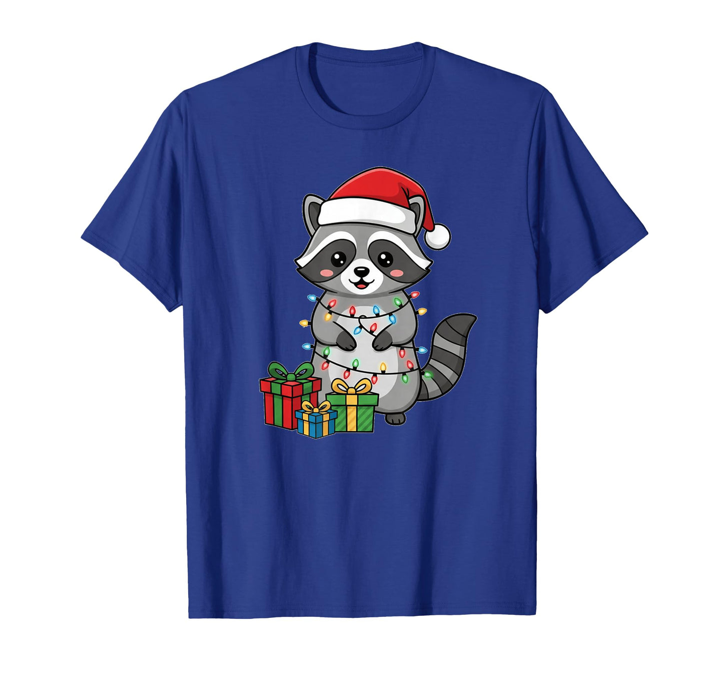 Christmas Raccoon Cartoon Cute Chibi Kawaii Santa Hat Lights T-Shirt