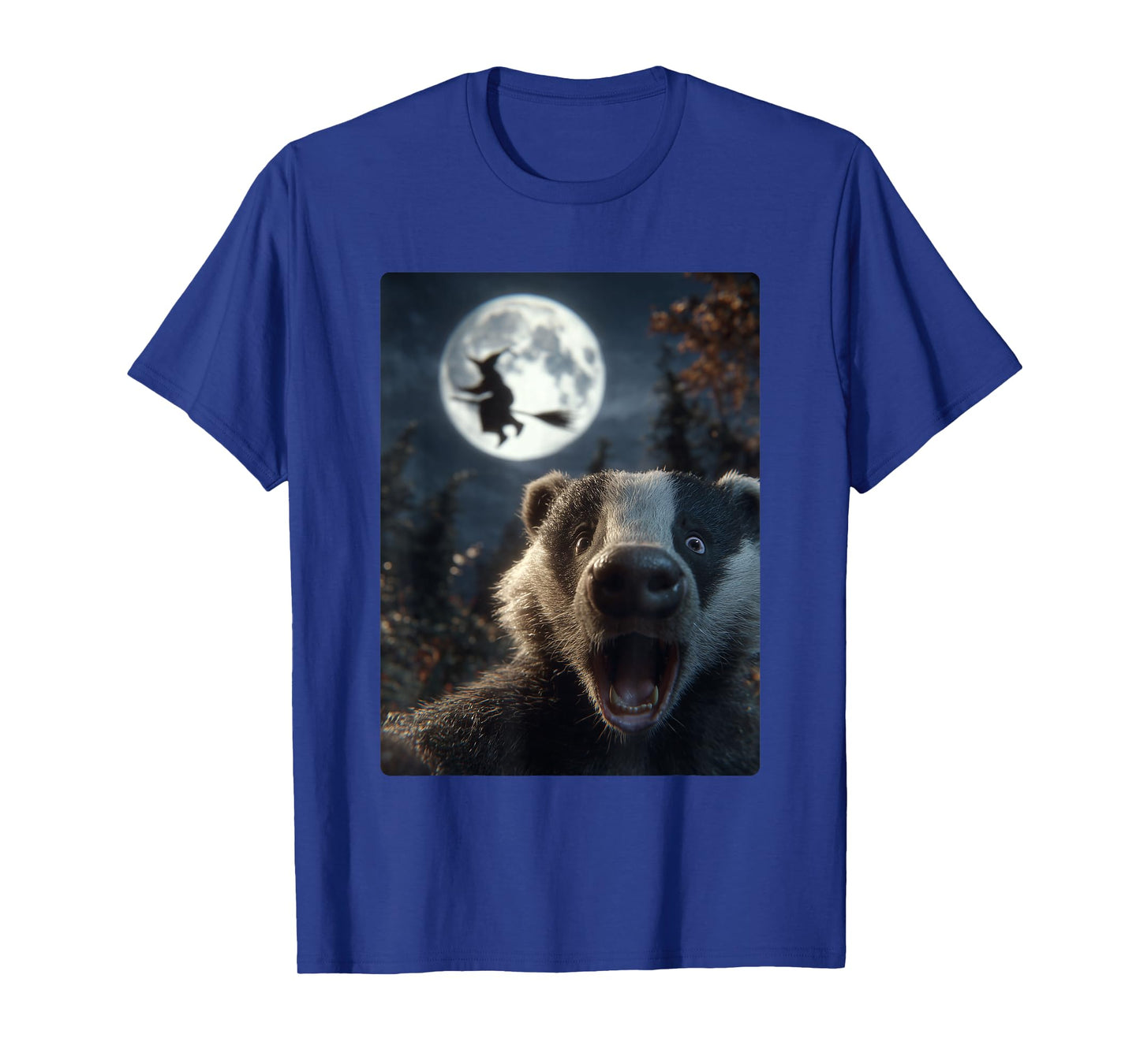 Funny Badger Selfie Full Moon Flying Witch Forest Halloween T-Shirt