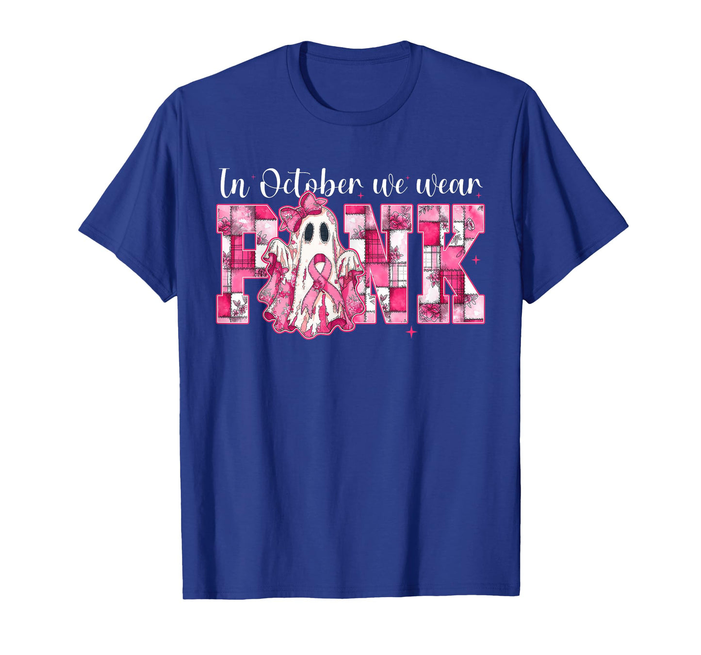 in October We Wear Pink Ghost Witch Breast Cancer Awareness T-Shirt