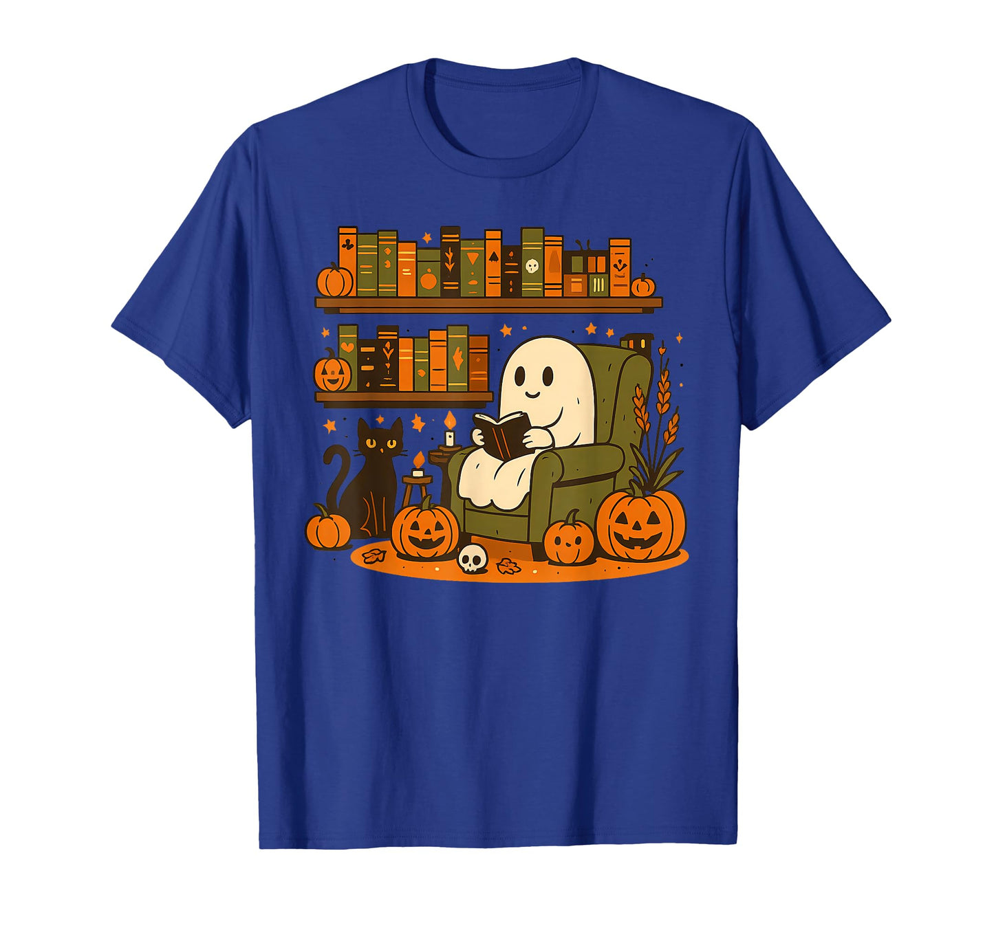Ghost Library Reading Books Halloween Men Women Kids T-Shirt