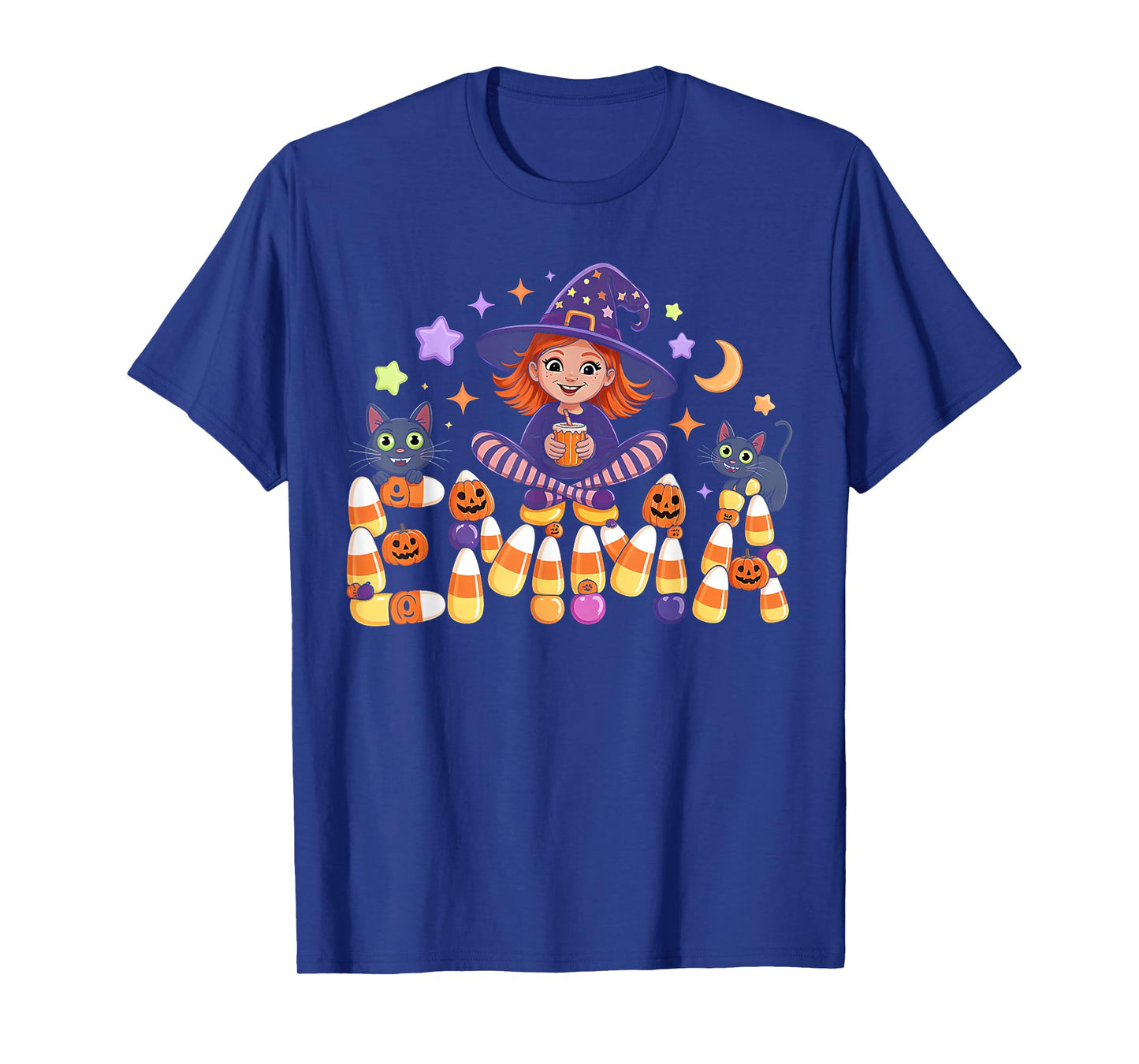 Emma Witch Candy Corn Cat Halloween Women and Girls T-Shirt