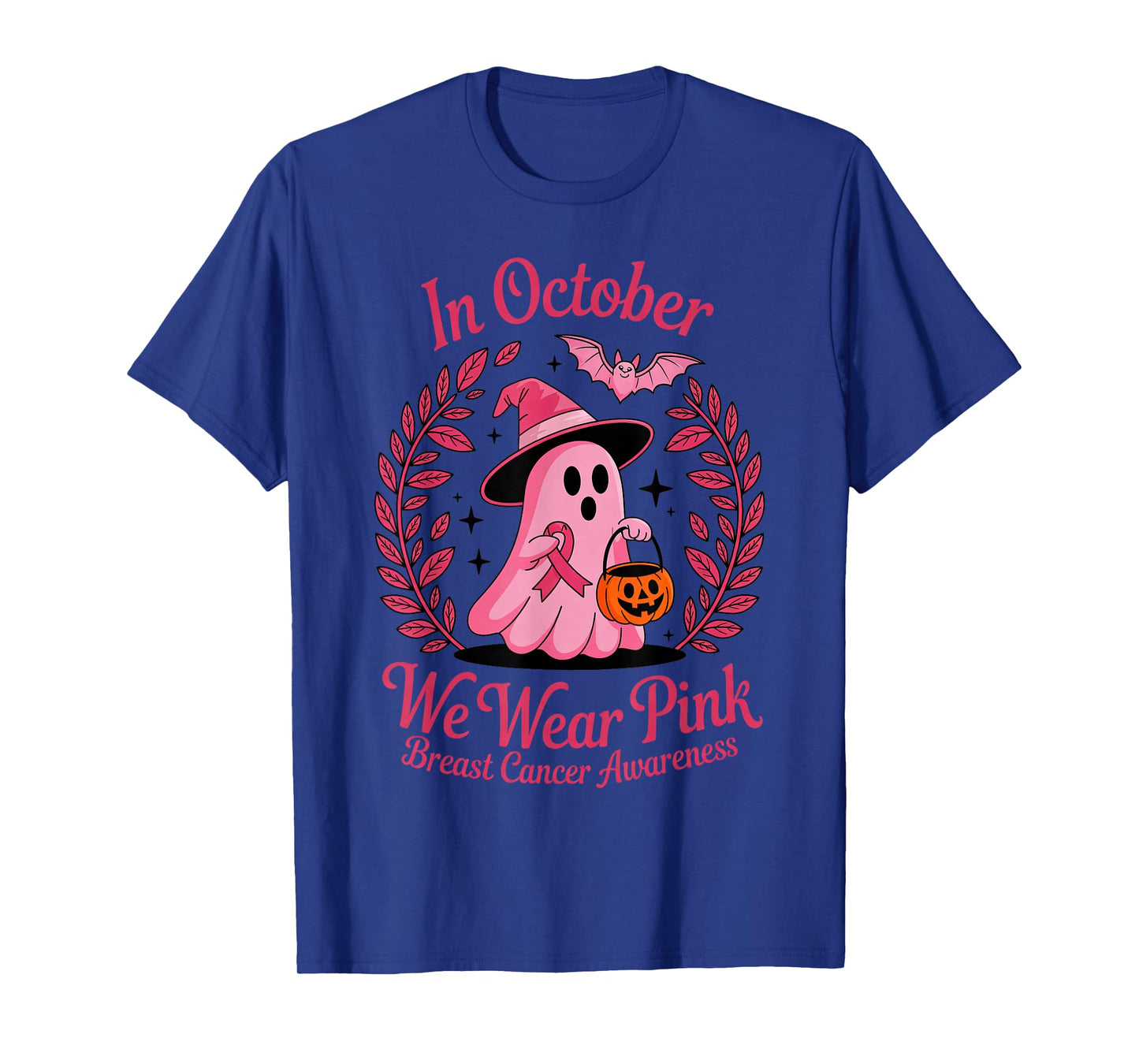 Halloween Ghost Witch Breast Cancer Awareness Pink Ribbon T-Shirt