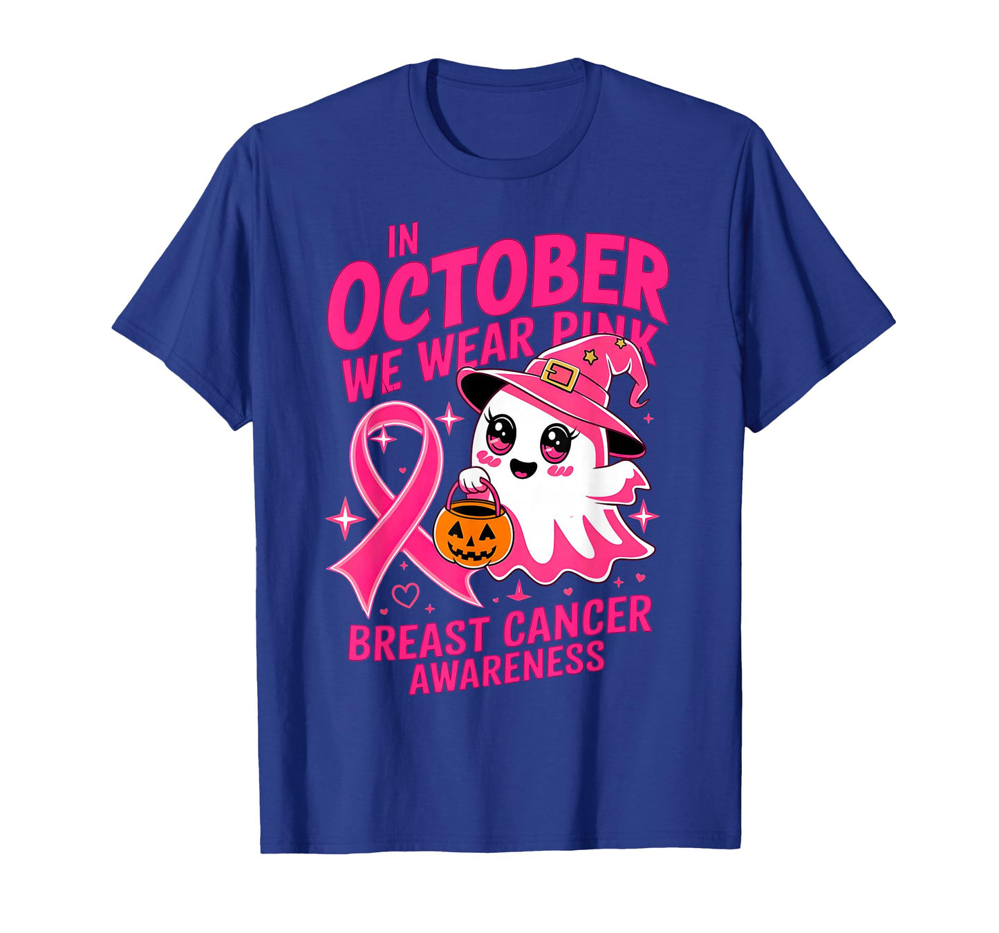 in October We Wear Pink Kawaii Ghost Breast Cancer Awareness T-Shirt