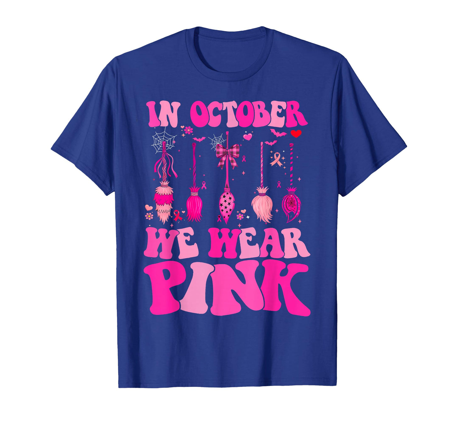 in October We Wear Pink Witch Broom Breast Cancer Awareness T-Shirt
