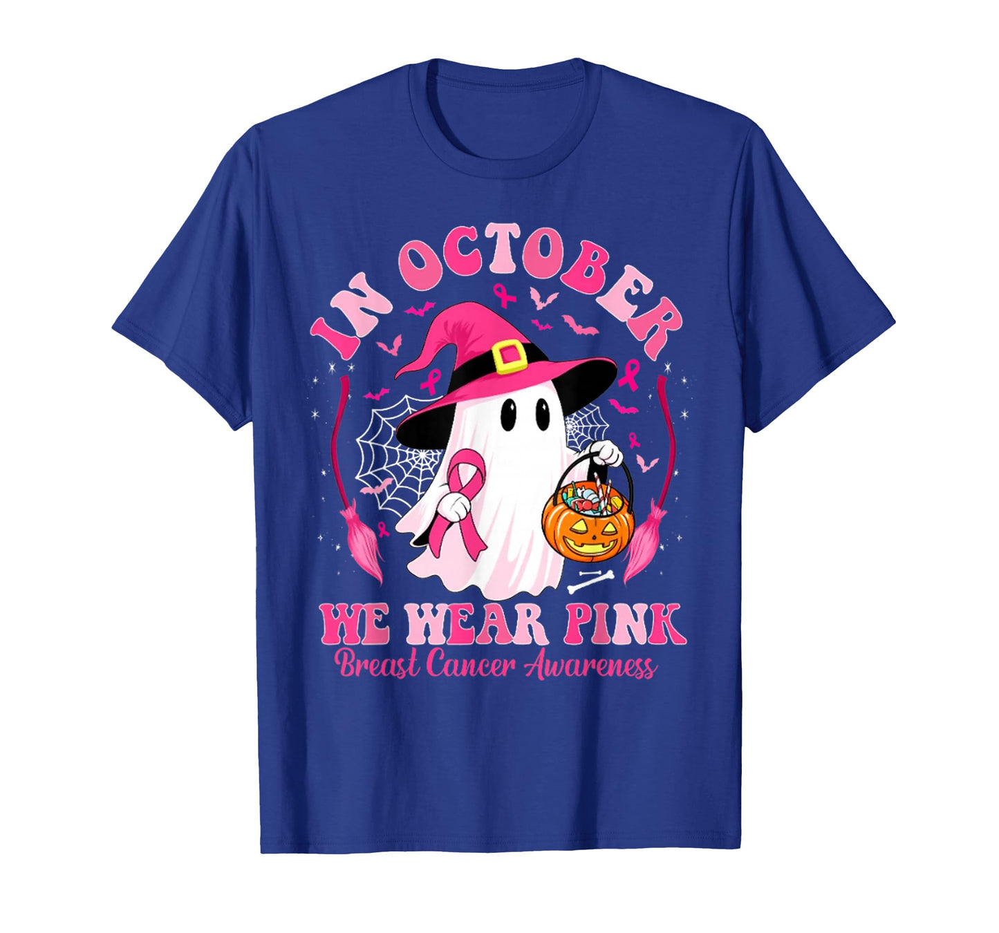 in October We Wear Pink Ghost Witch Breast Cancer Awareness T-Shirt