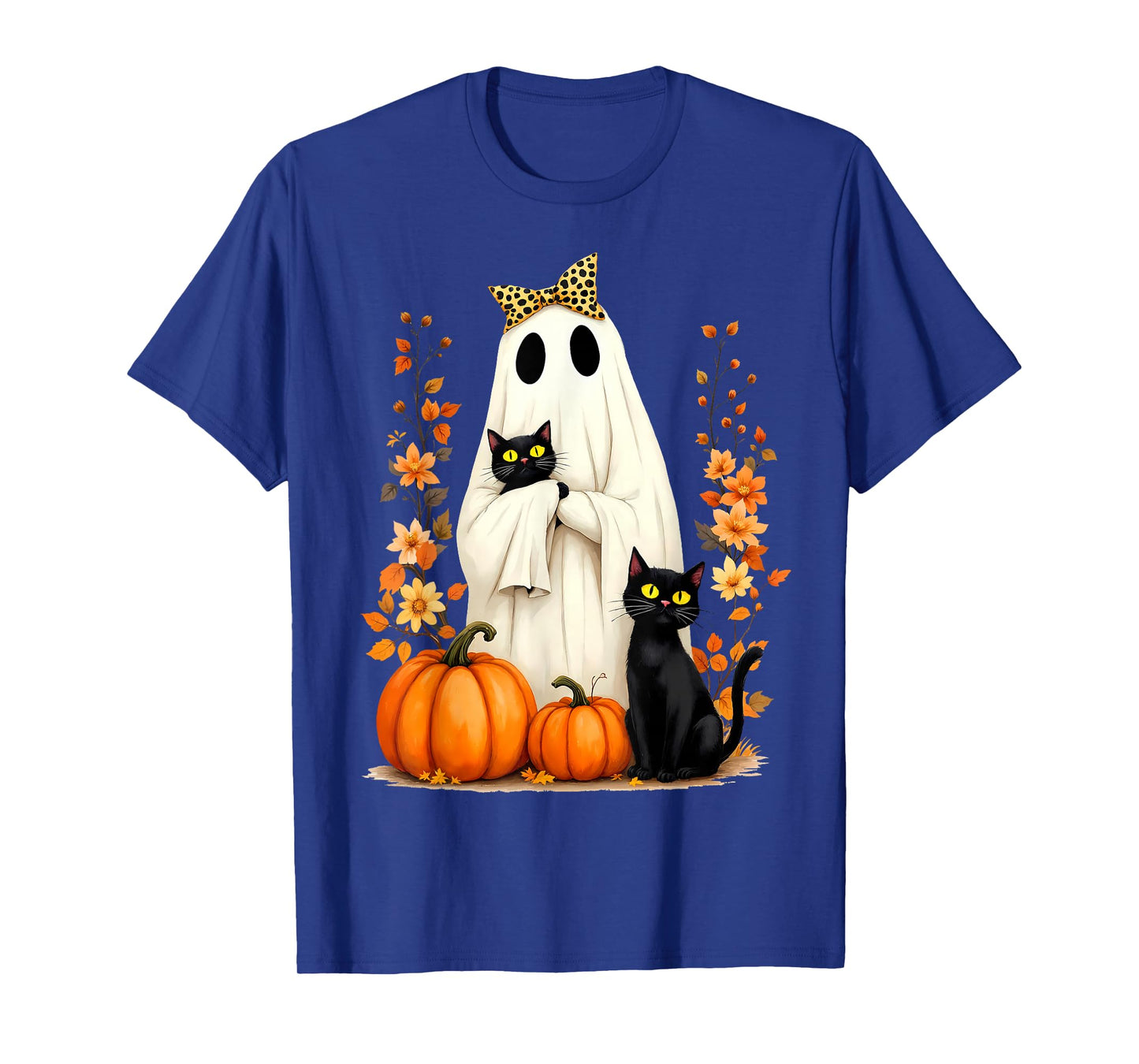 Ghost Holding Black Cat Halloween Cats Lover Women Floral T-Shirt