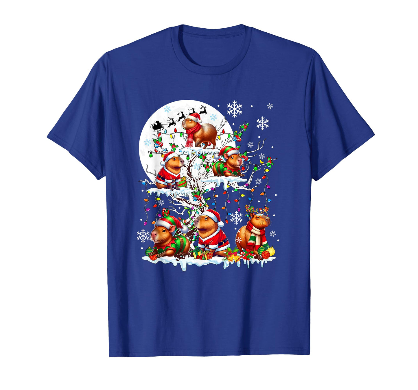 Group Santa Reindeer Elf Capybaras On Tree Christmas Snow T-Shirt