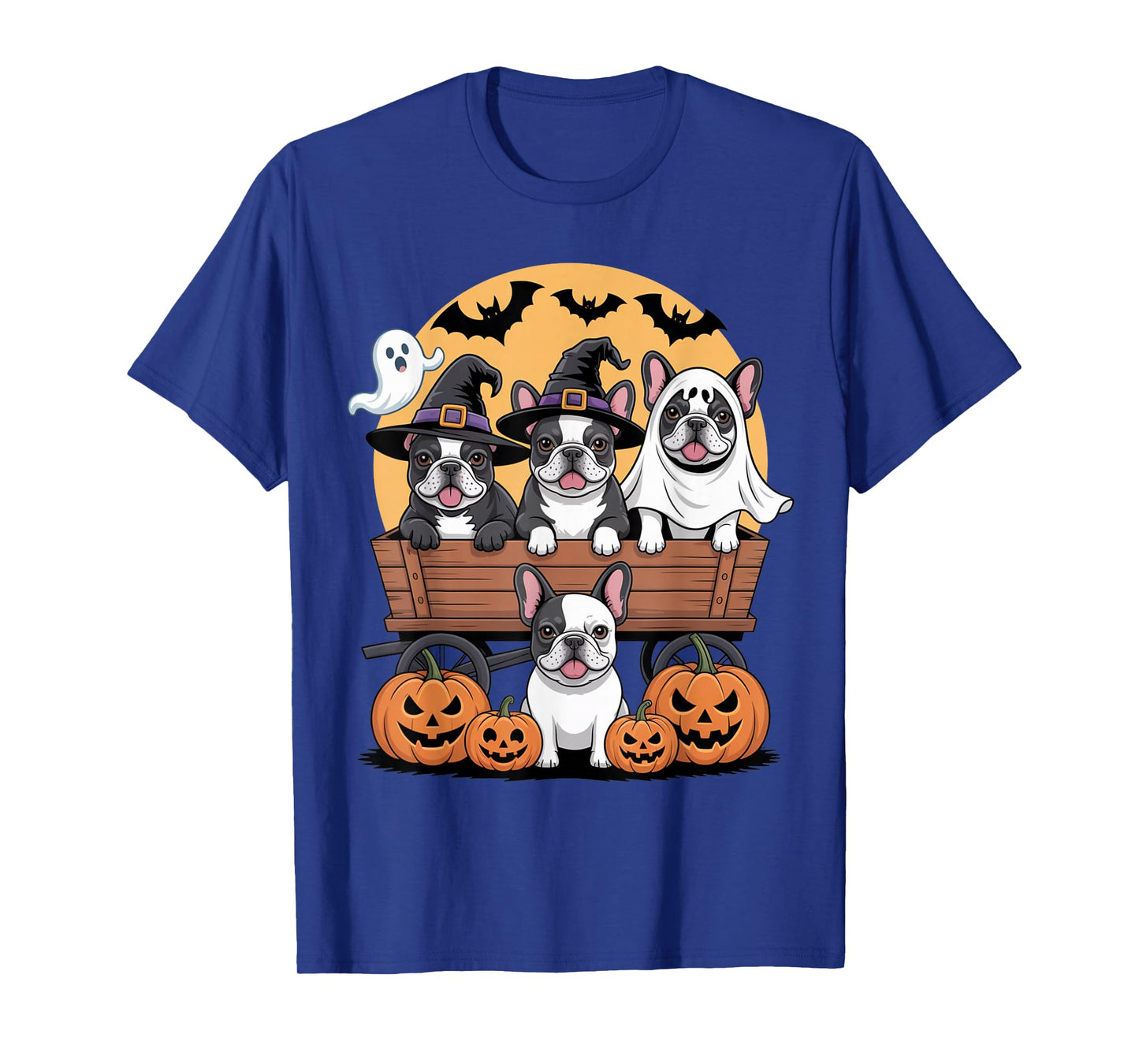 French Bulldog Halloween Wagon Witch Hats Bats Pumpkins T-Shirt