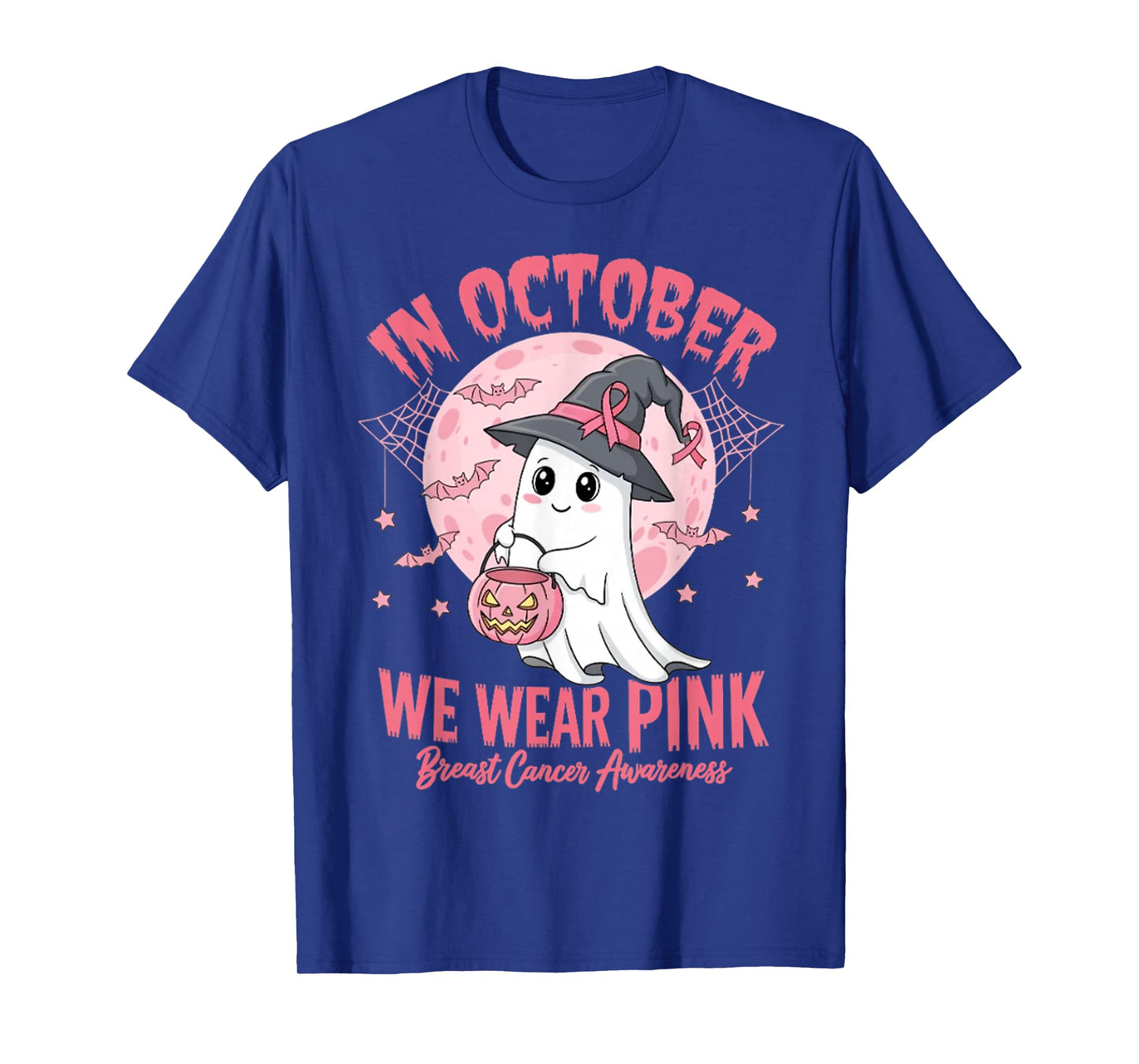 in October We Wear Pink Ghost Witch Breast Cancer Awareness T-Shirt