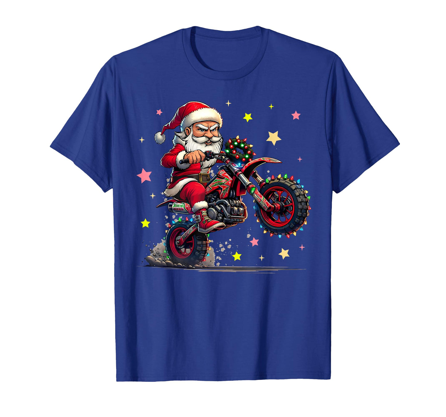Santa Claus is Riding A Dirt Bike with Christmas Lights Xmas T-Shirt