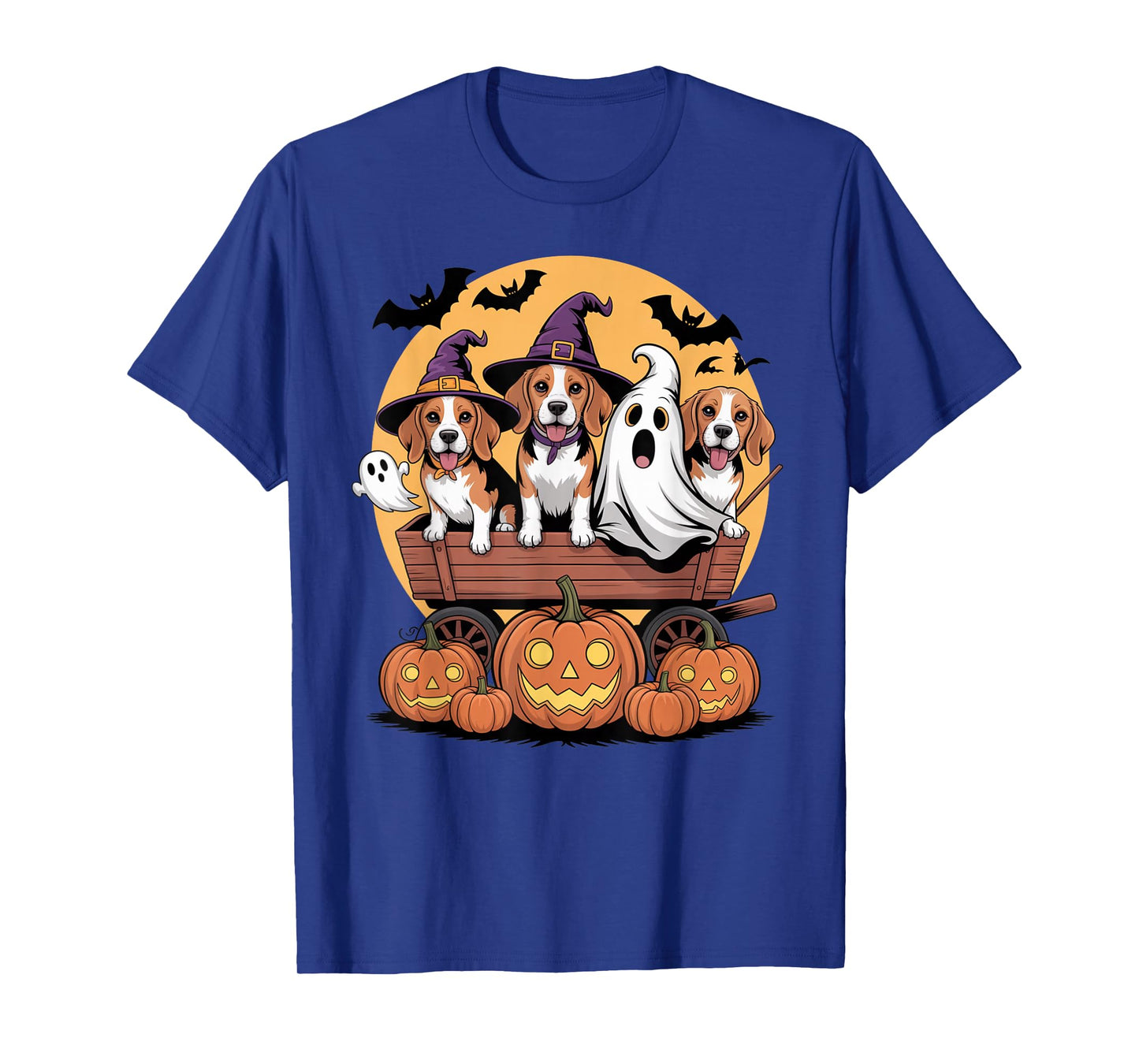 Beagle Halloween Wagon Witch Hats Ghost Bats Pumpkins Funny T-Shirt