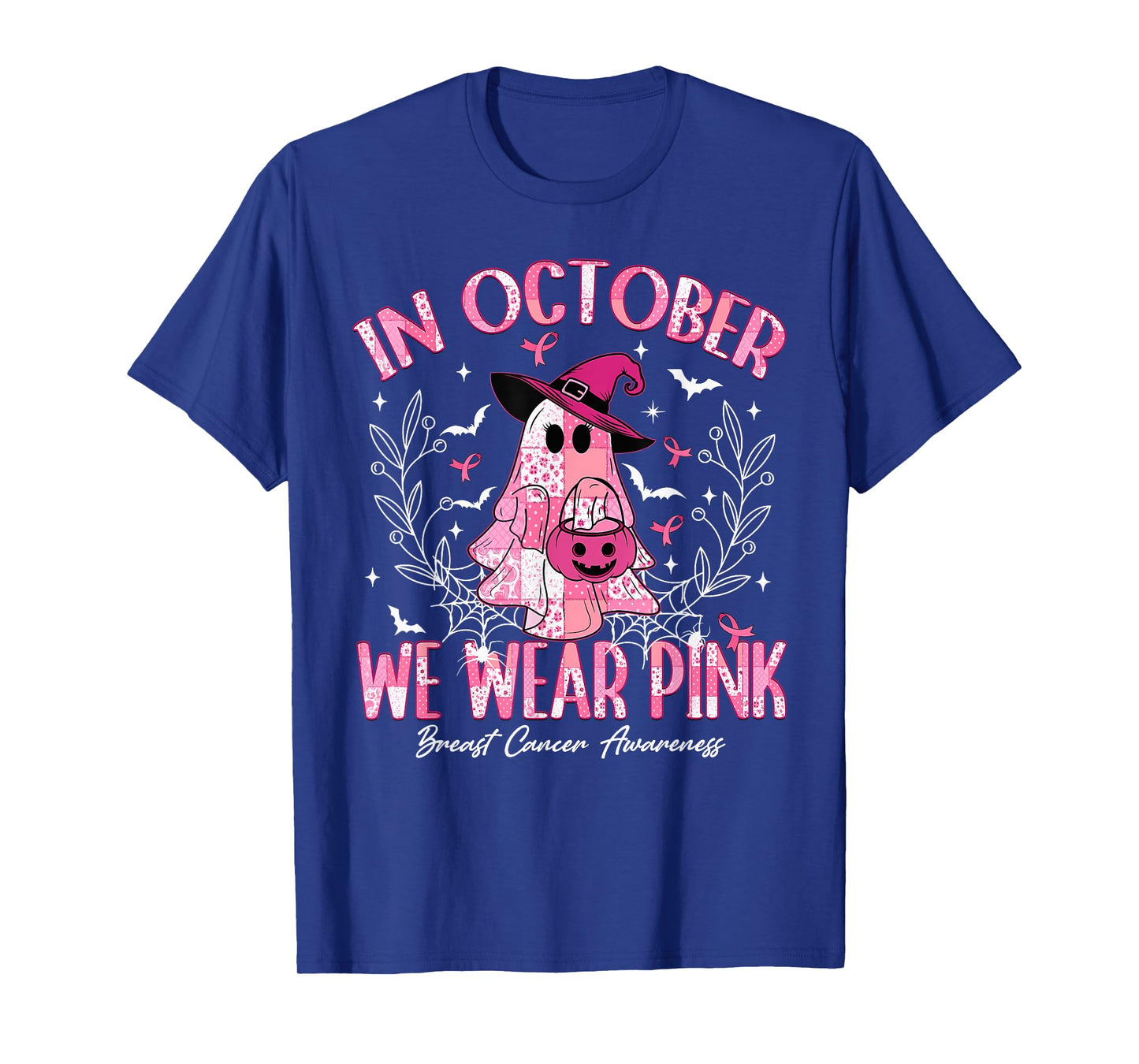 in October We Wear Pink Ghost Witch Breast Cancer Awareness T-Shirt