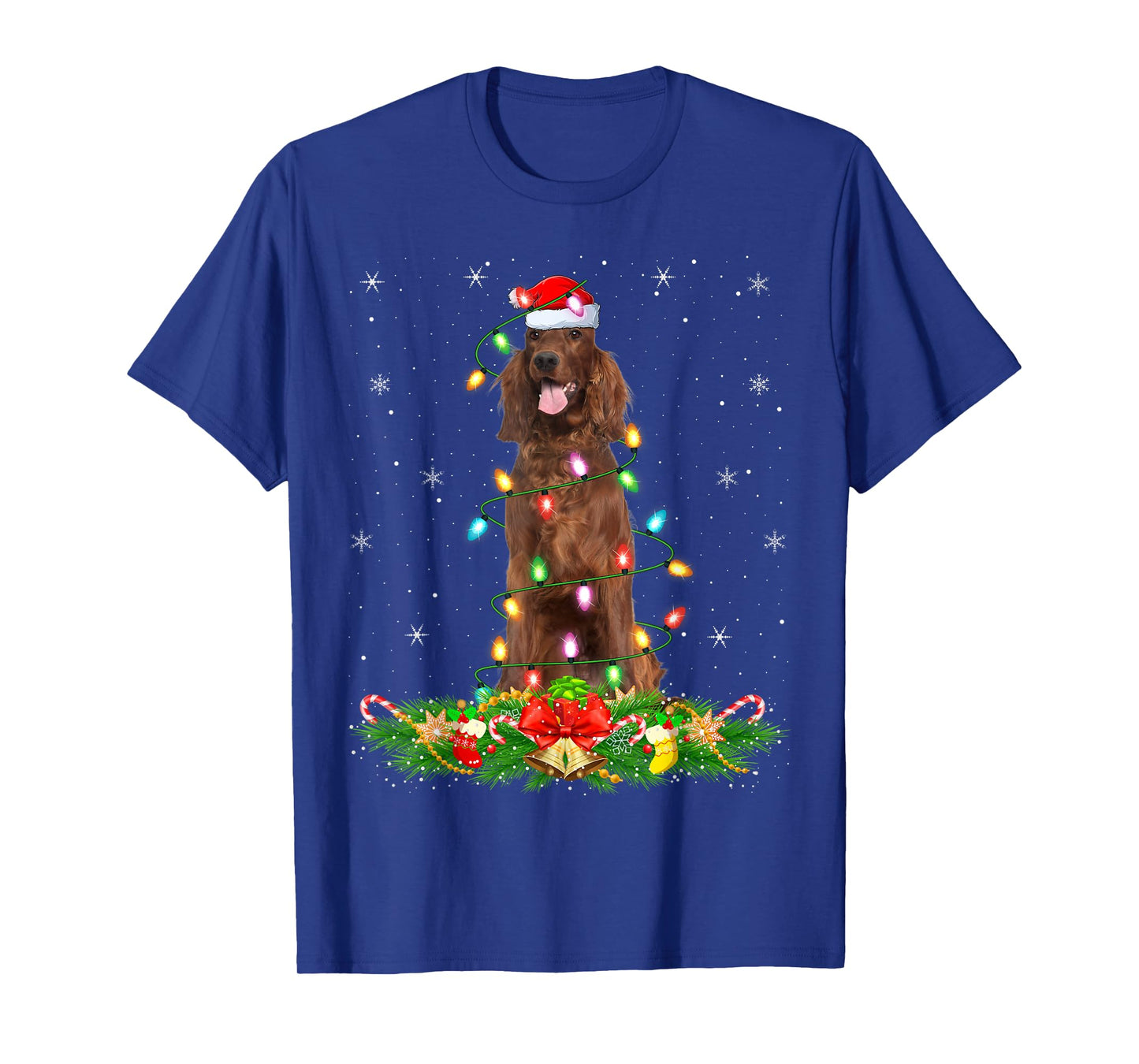 Irish Setter Dog Christmas Lights Funny Santa Hat Xmas T-Shirt