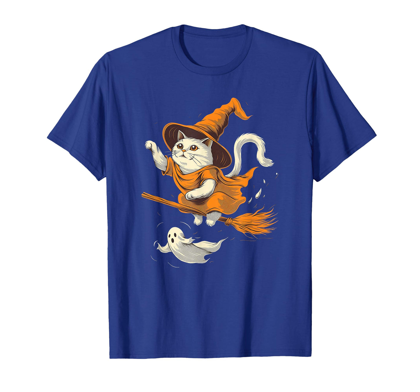 Witchy Cat on a Broomstick with Ghost Halloween T-Shirt