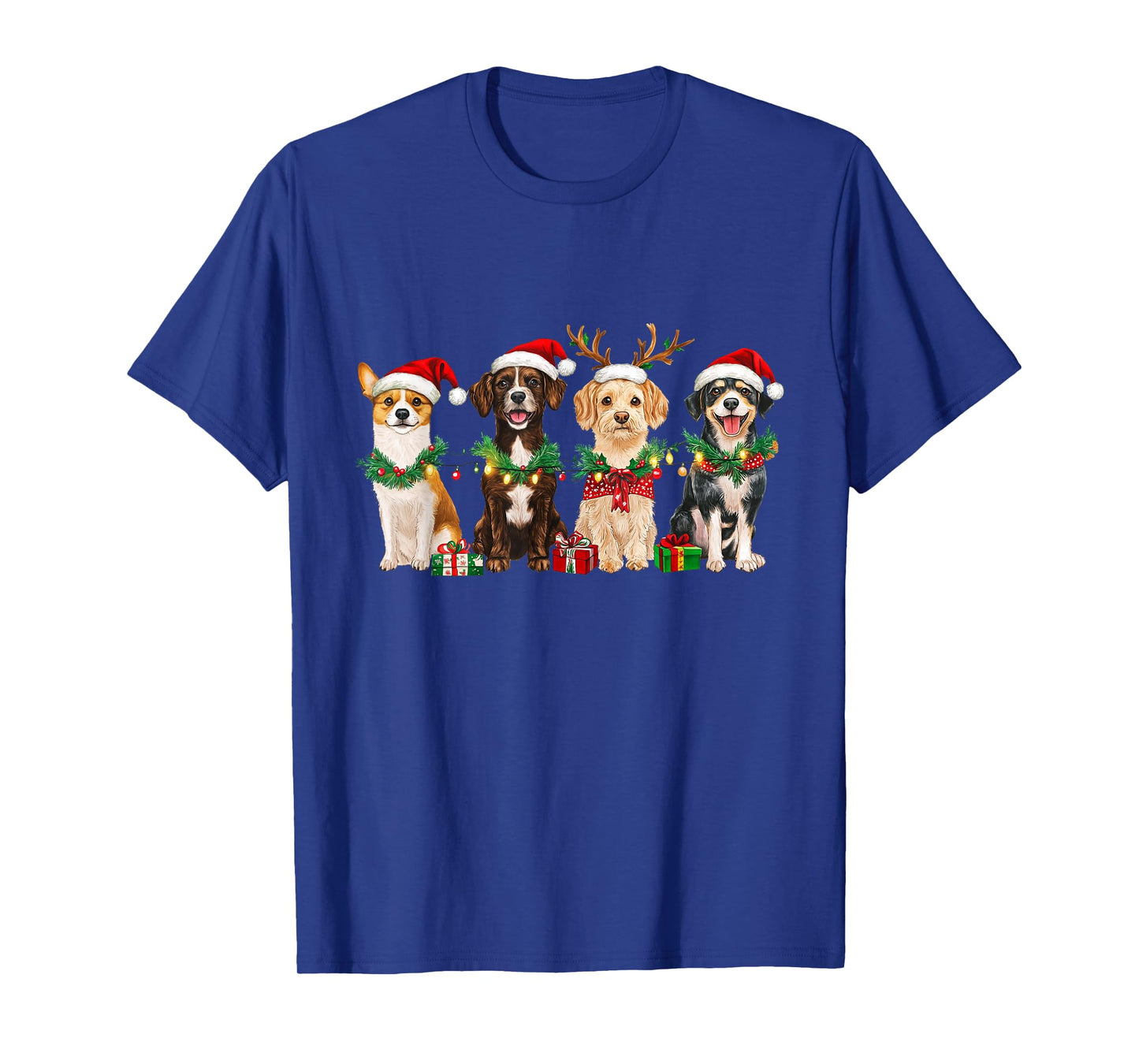 Four Christmas Dogs with Santa Hats and Holiday Lights T-Shirt