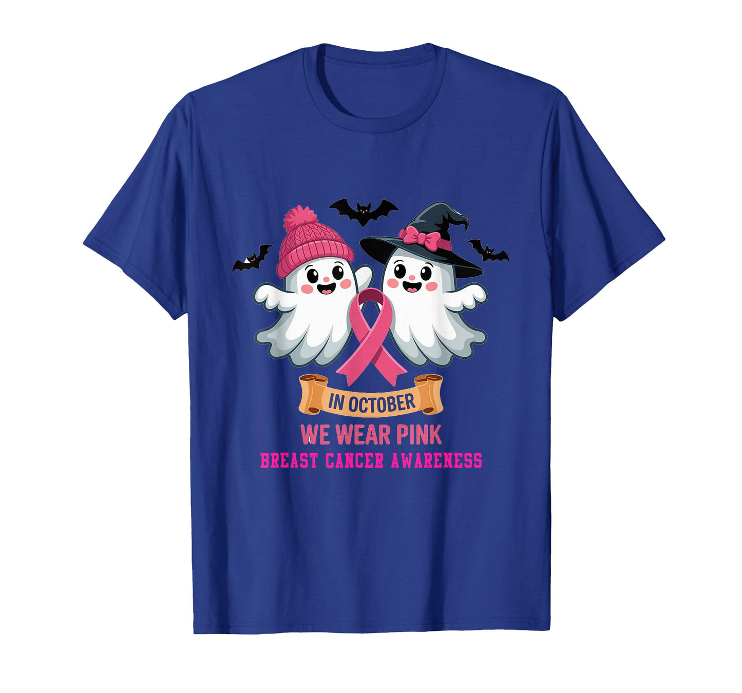 in October We Wear Pink Ghost Witch Breast Cancer Awareness T-Shirt