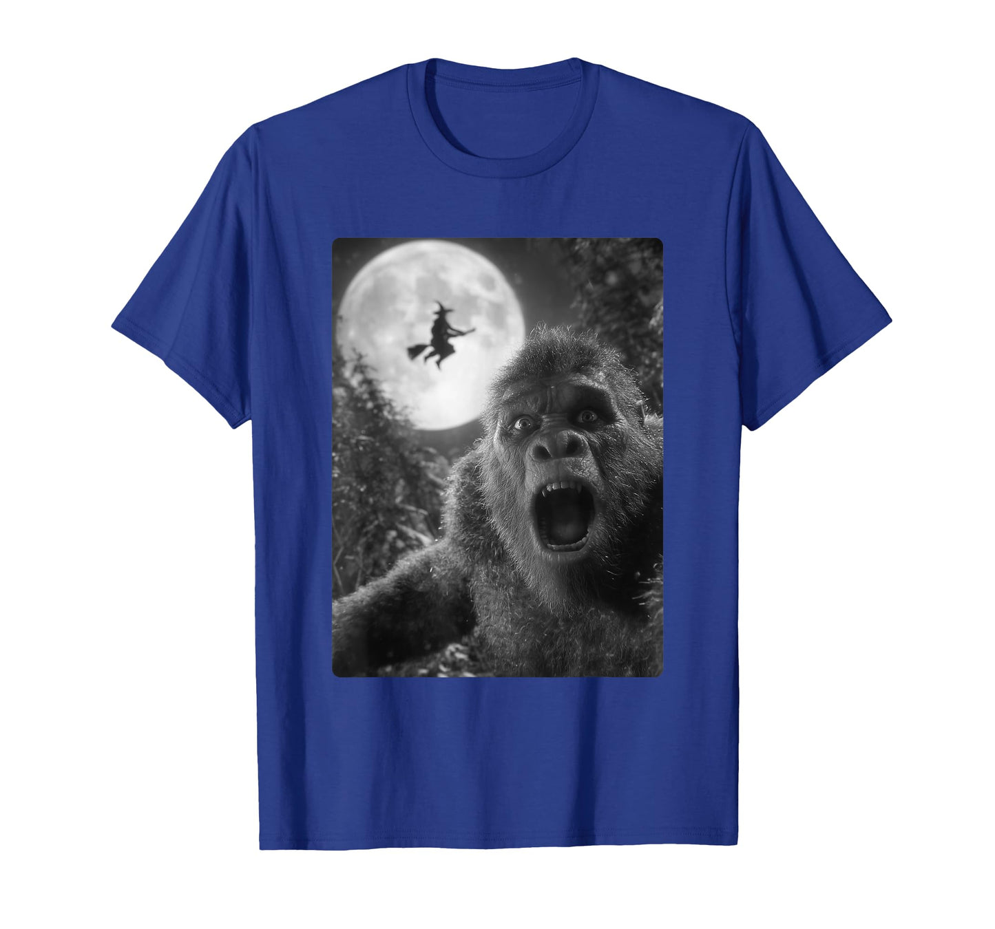 Funny Bigfoot Selfie Full Moon Flying Witch Forest Halloween T-Shirt