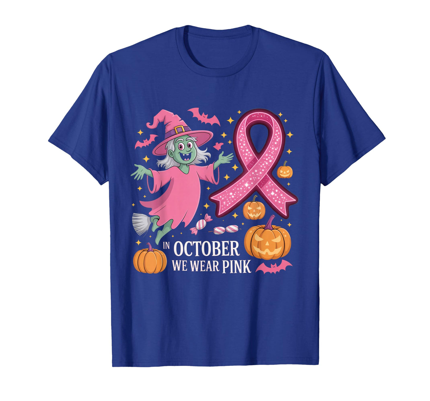 in October We Wear Pink Ghost Witch Breast Cancer Awareness T-Shirt