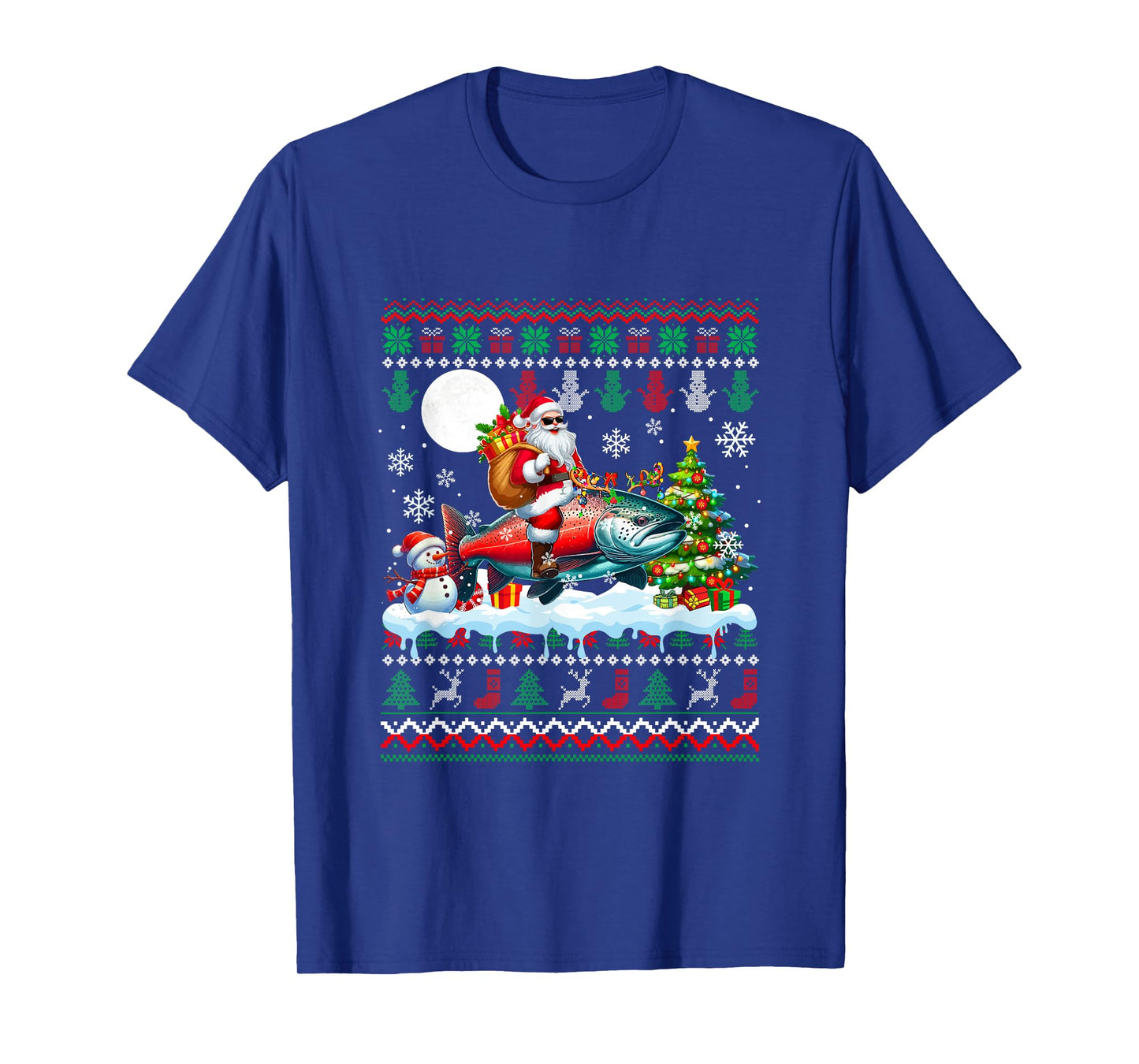 Santa Riding Reindeer Salmon Sweater Xmas Tree Snowman T-Shirt