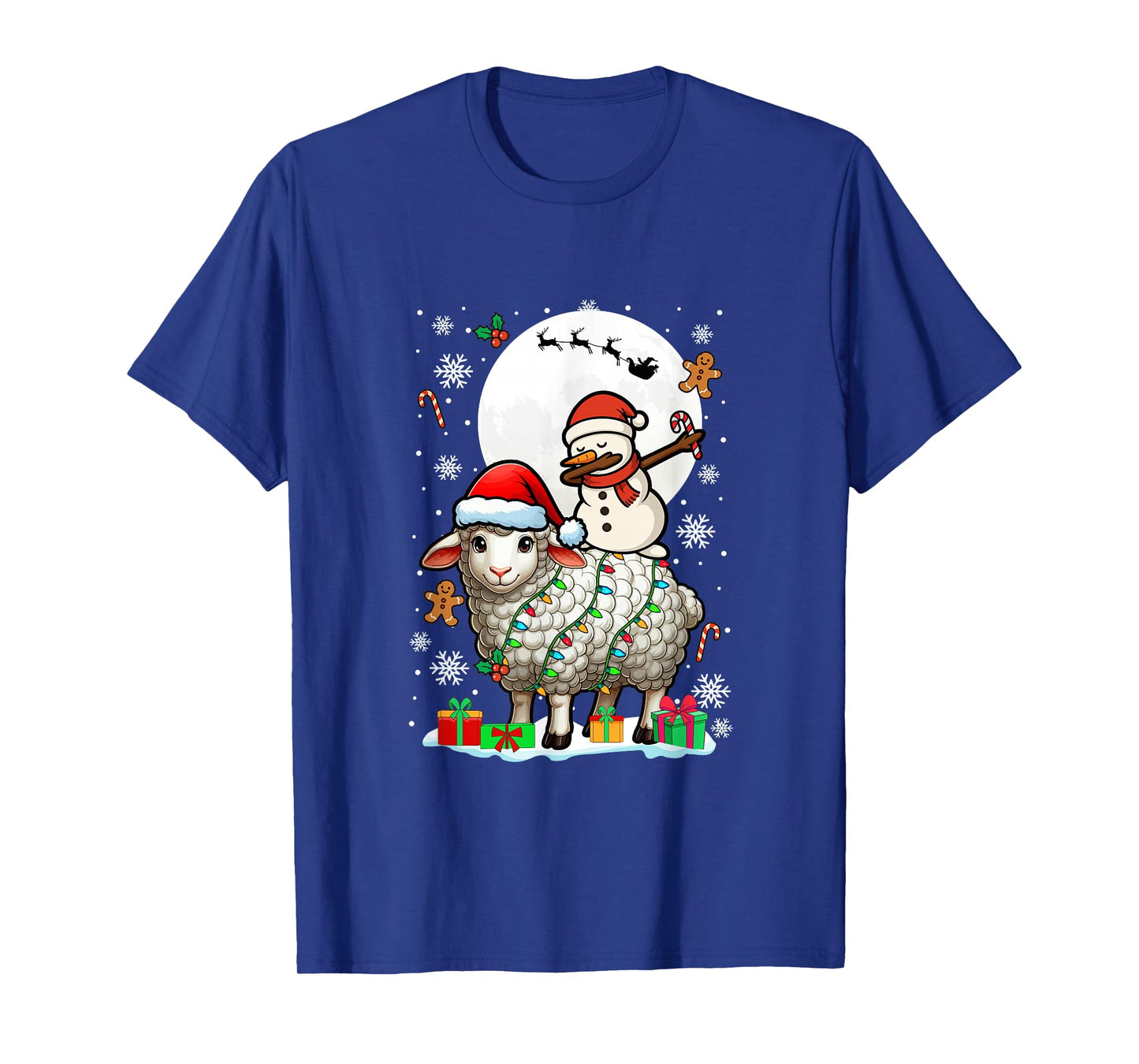 Dabbing Snowman On Sheep Christmas Santa Colorful Lights T-Shirt
