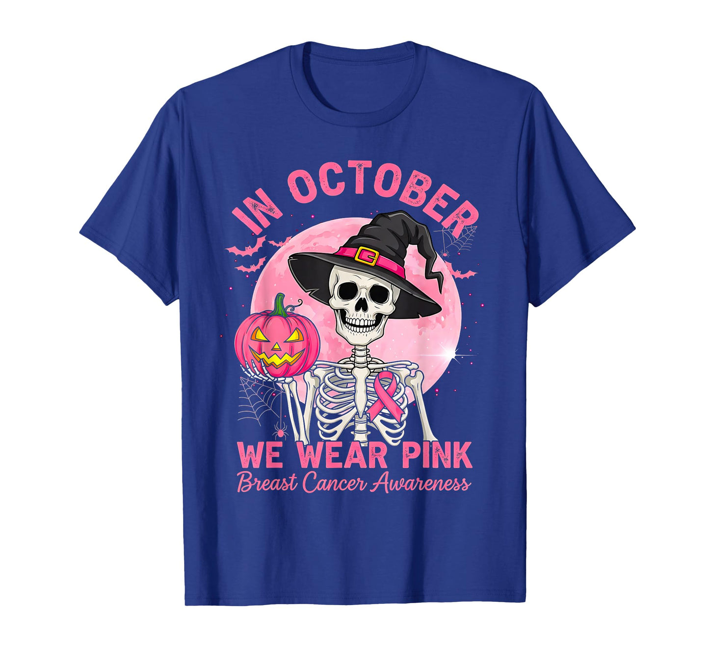 Halloween Breast Cancer Awareness Spooky Skeleton Witch T-Shirt