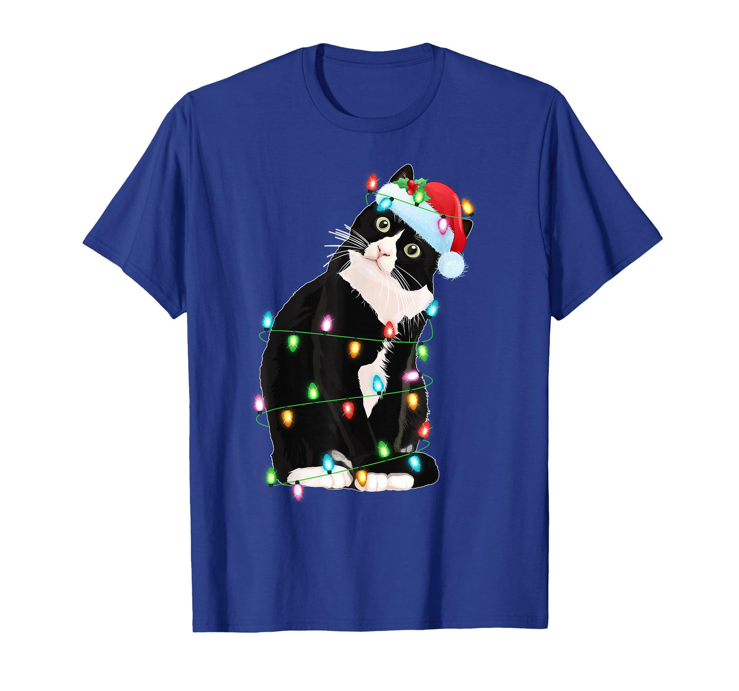 Black Cat Christmas Lights Funny Santa Hat Black Cat Xmas T-Shirt