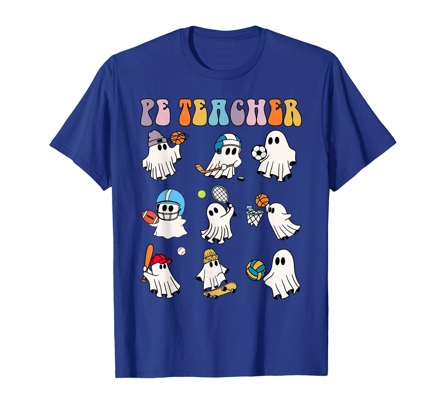 Halloween PE Teacher Ghost Playing Soccer Football Baseball T-Shirt