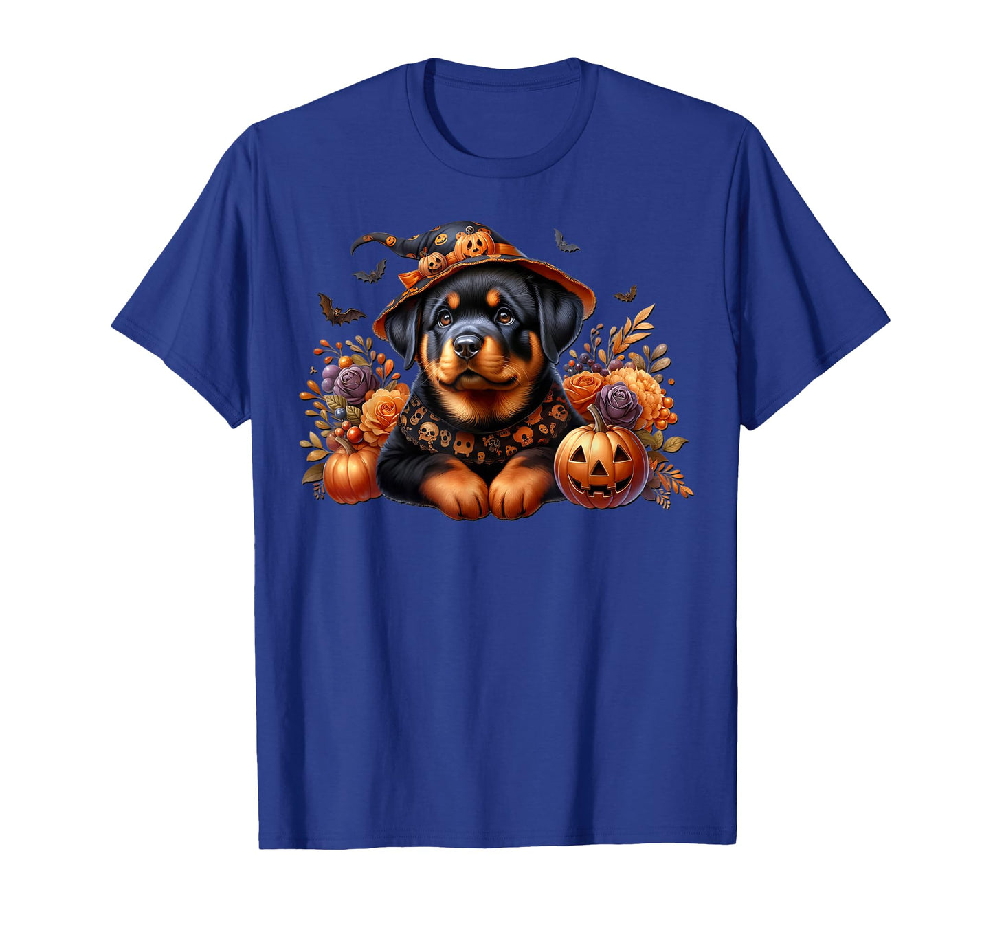 Floral Rottweiler Halloween Graphic with Bats and Pumpkins T-Shirt