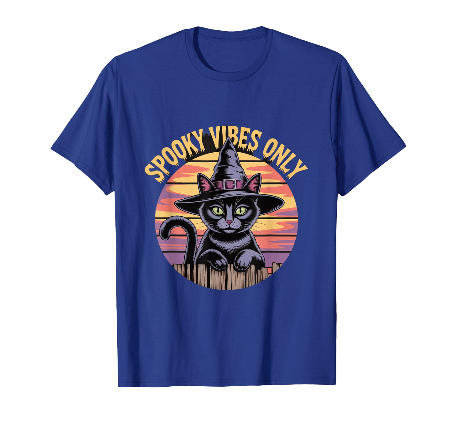 Spooky Vibes Only Cat Witch Hat Sunset Halloween T-Shirt
