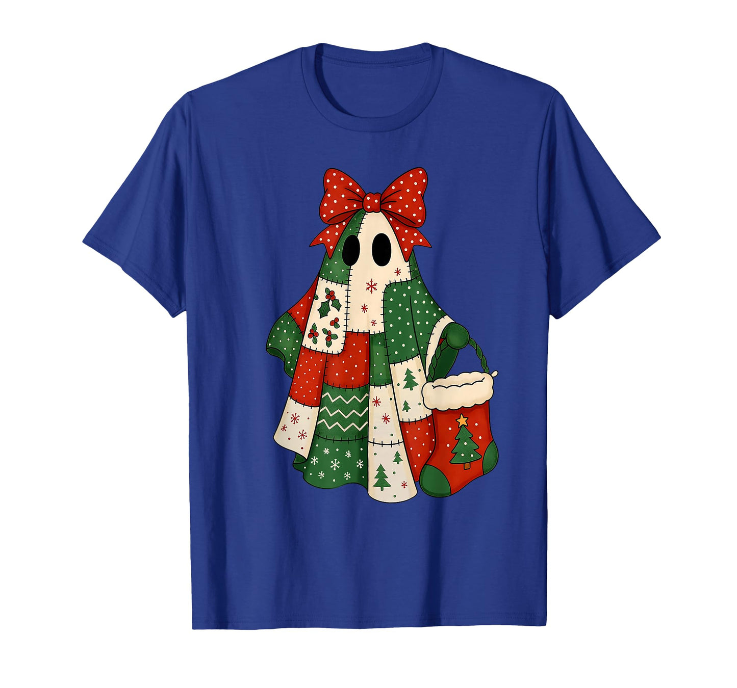 Retro Patchwork Christmas Ghost Coquette Bow X-mas Holiday T-Shirt
