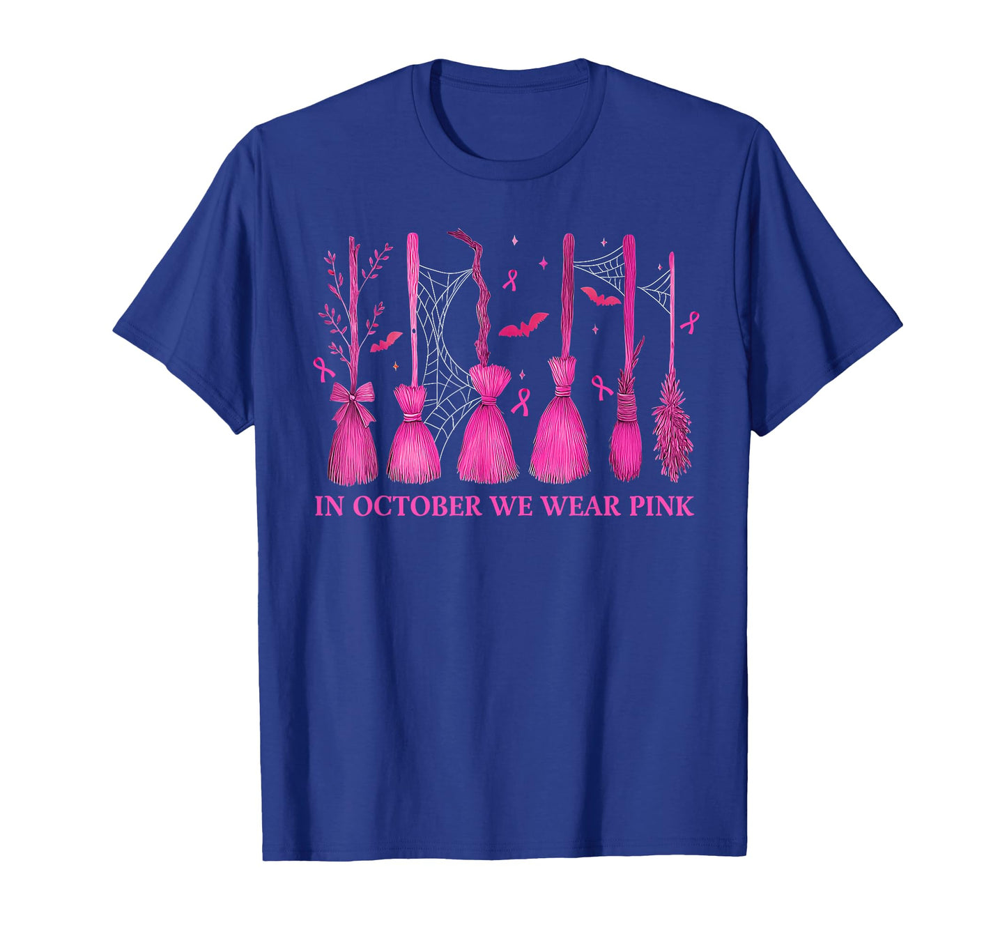 in October We Wear Pink Witch Broom Breast Cancer Halloween T-Shirt