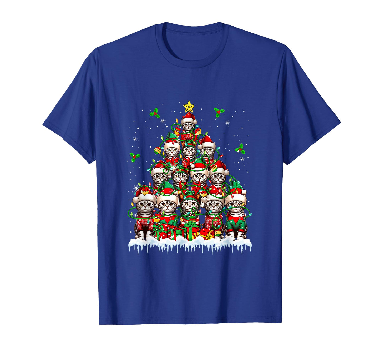 Group Santa Reindeer Elf American Shorthair Cats Xmas Tree T-Shirt
