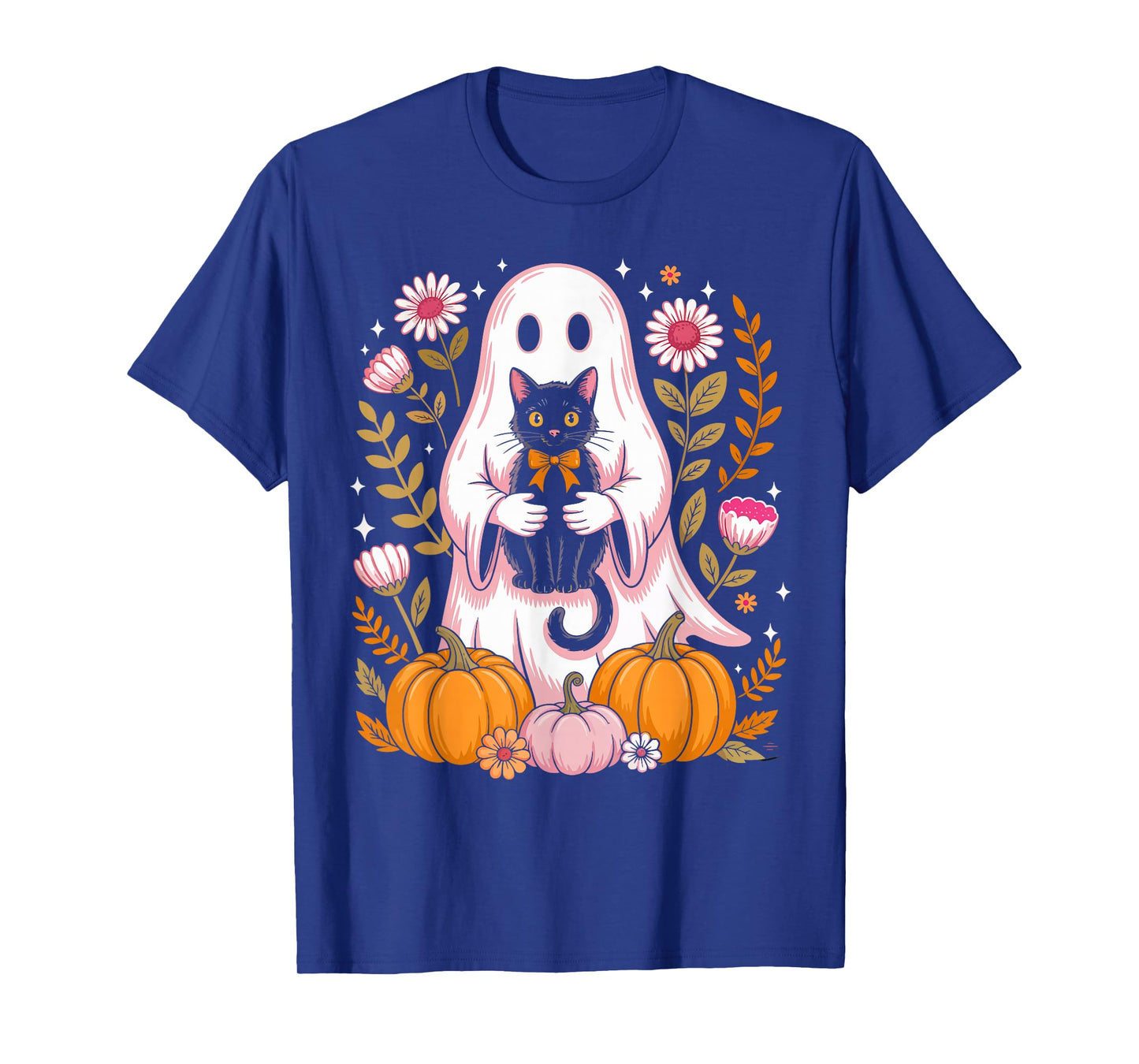 Cute Halloween Ghost Holding Black Cat Vintage Groovy Floral T-Shirt