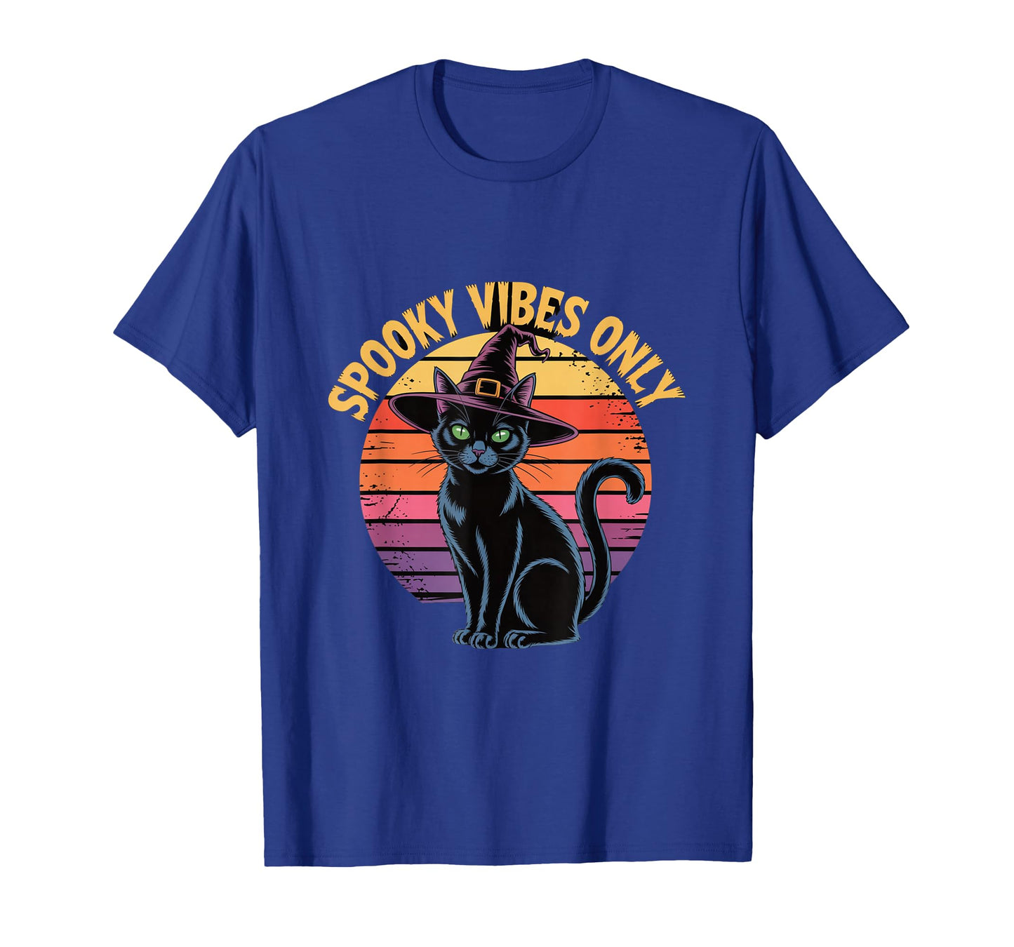 Spooky Vibes Only Cat Witch Hat Retro Sunset Halloween T-Shirt