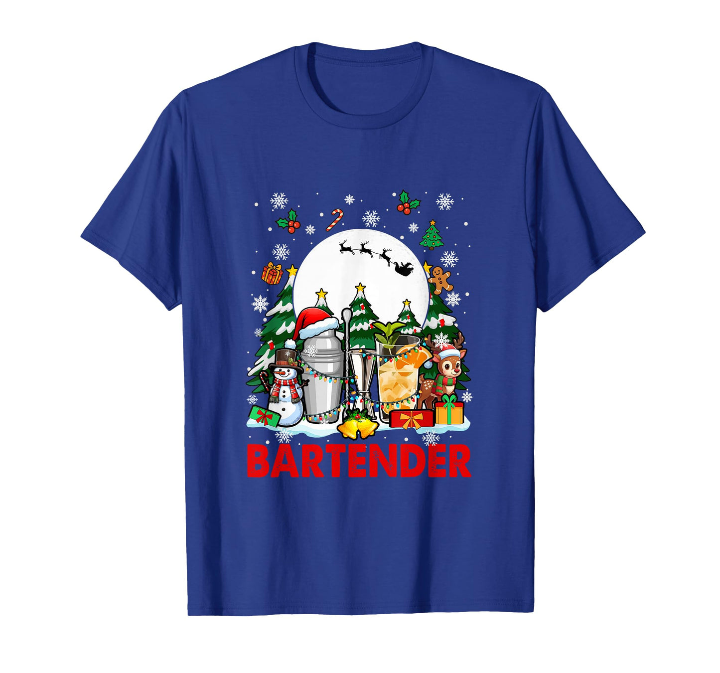 Bartender Job Tools Santa Snowmen Reindeer Christmas Trees T-Shirt