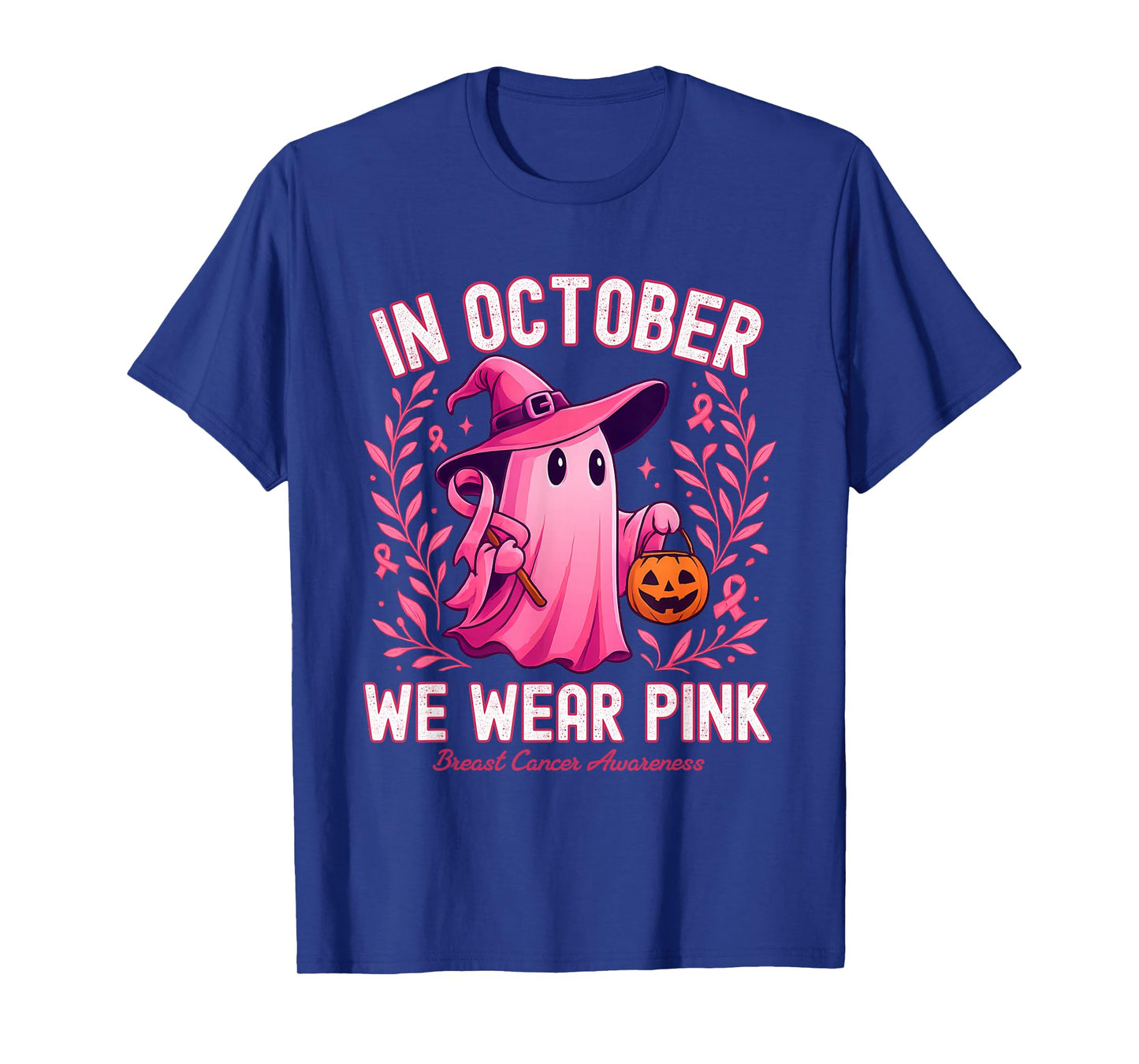 in October We Wear Pink Ghost Witch Design for Breast Cancer T-Shirt