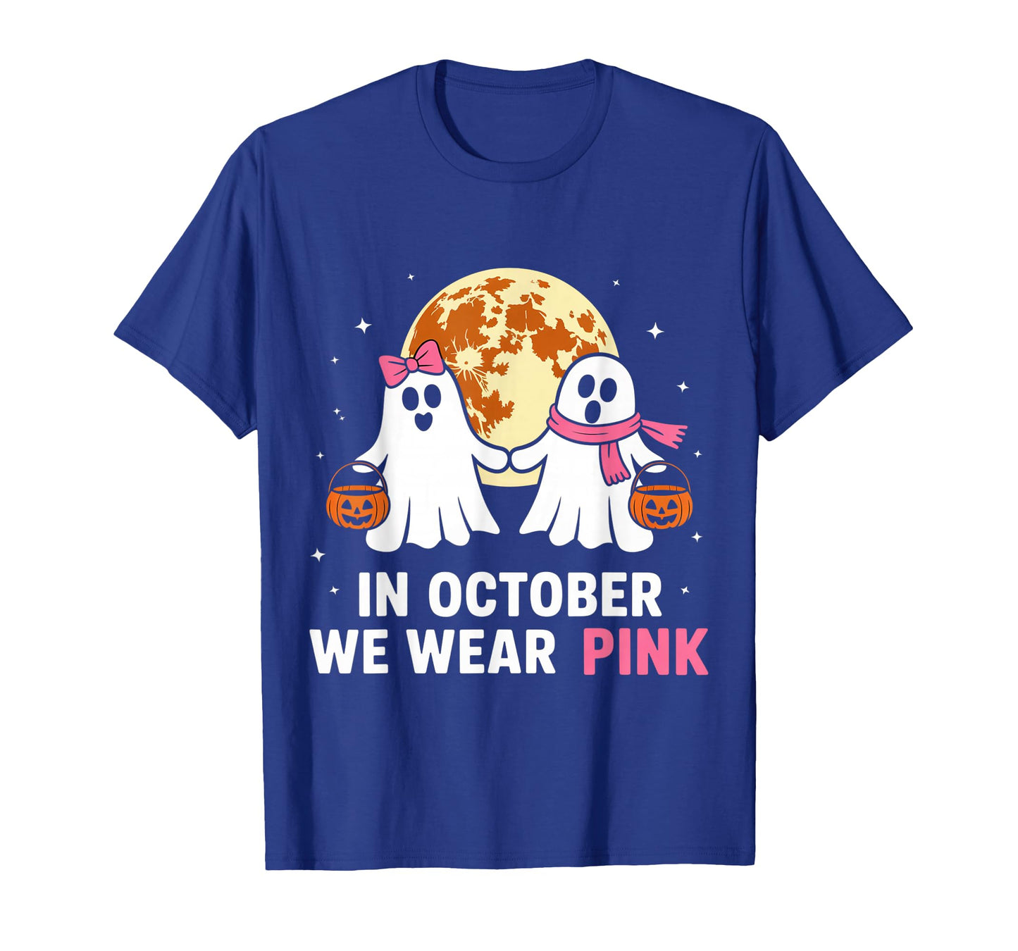 in October We Wear Pink Ghost Witch Breast Cancer Awareness T-Shirt