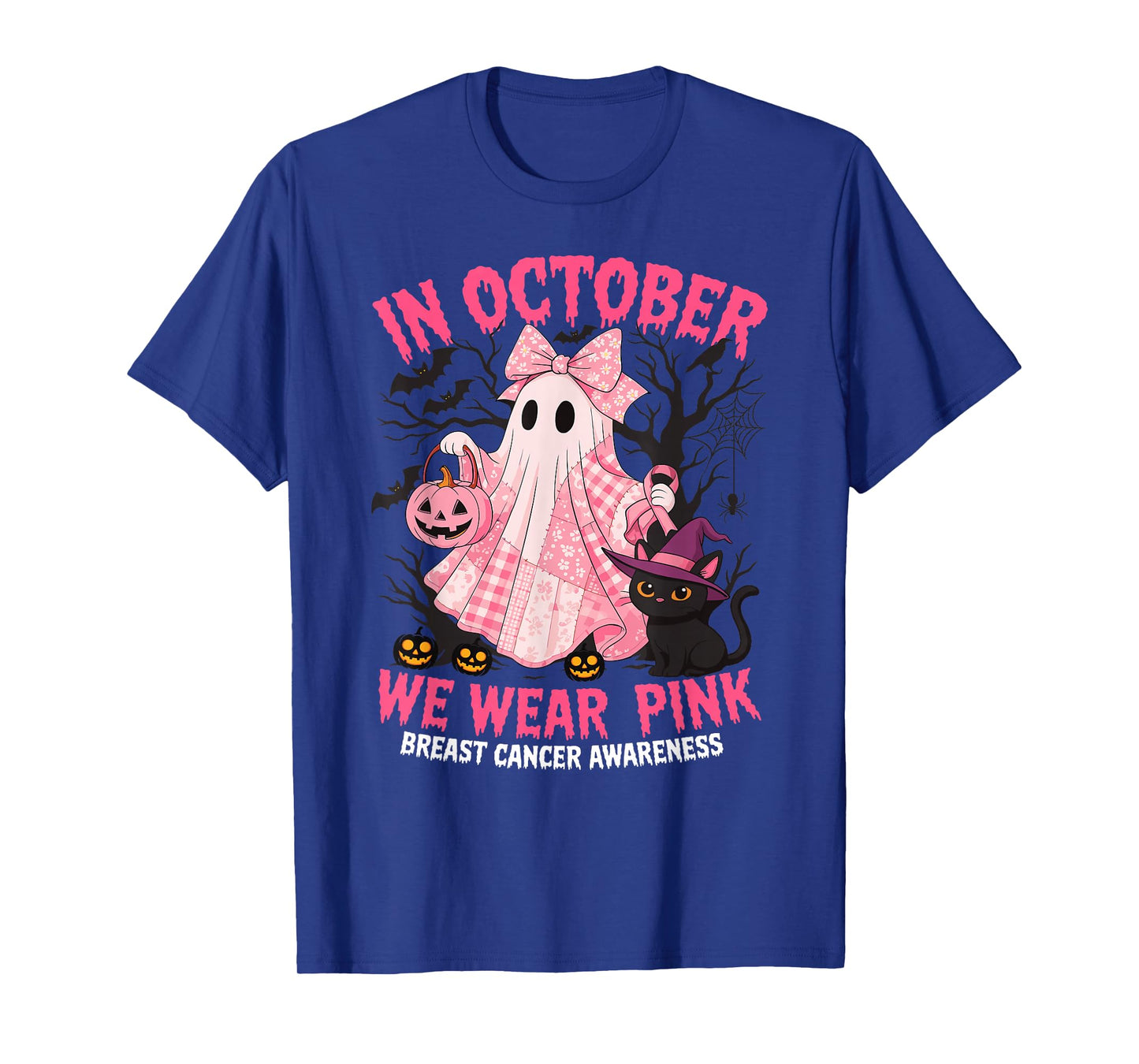 in October We Wear Pink Ghost Breast Cancer Halloween Cute T-Shirt
