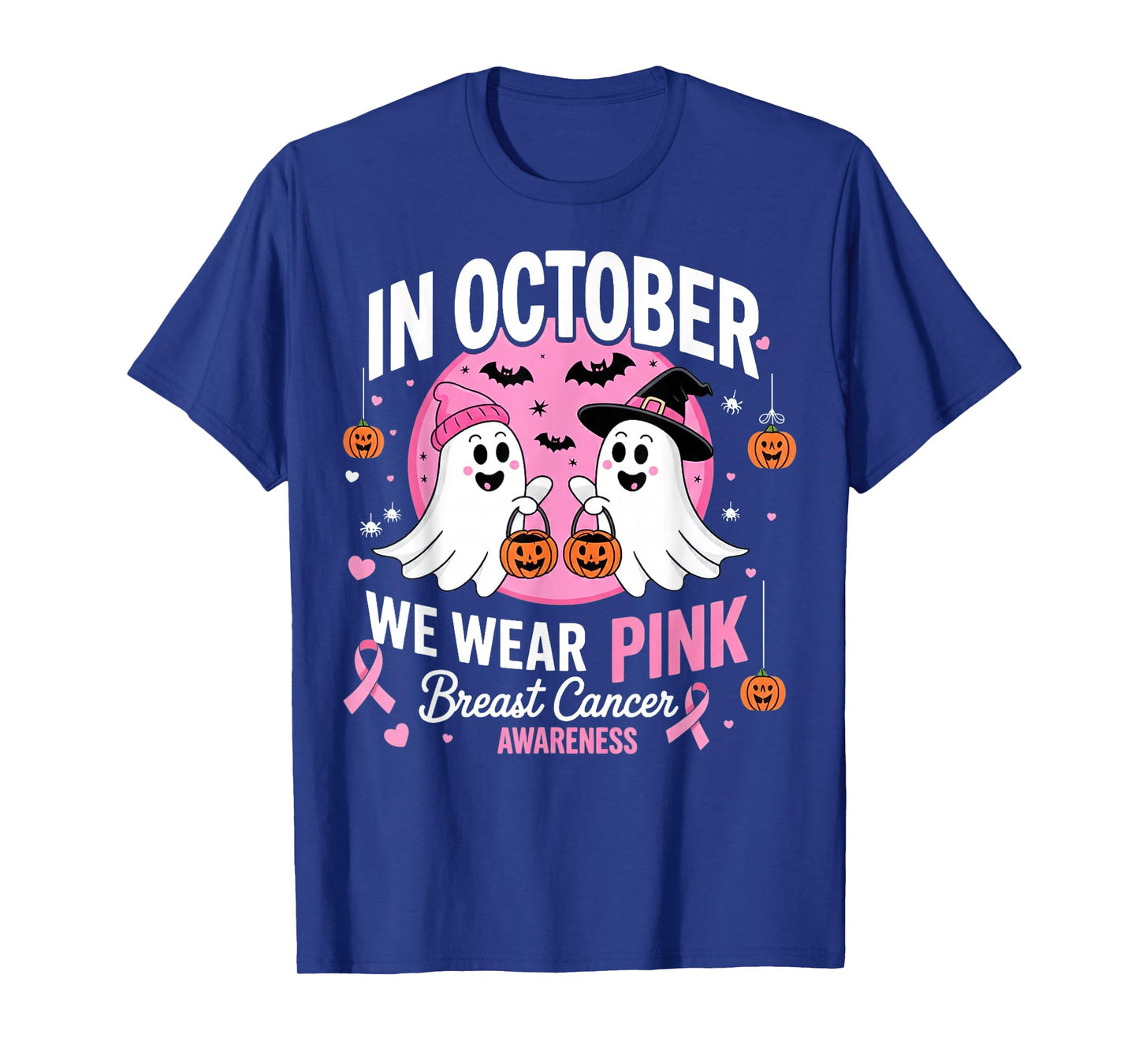 in October We Wear Pink Ghost Witch Breast Cancer Awareness T-Shirt