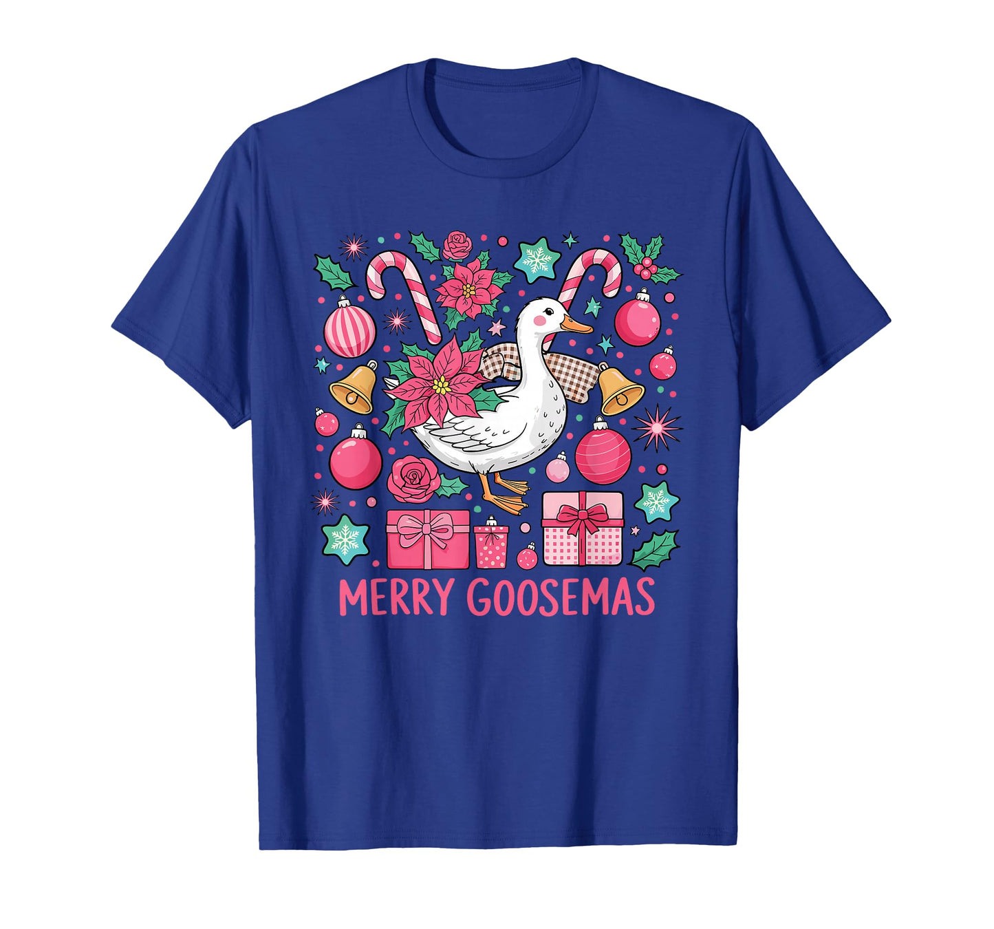 Merry Goosemas Pink Goose Santa Hat Lights Stars Christmas T-Shirt