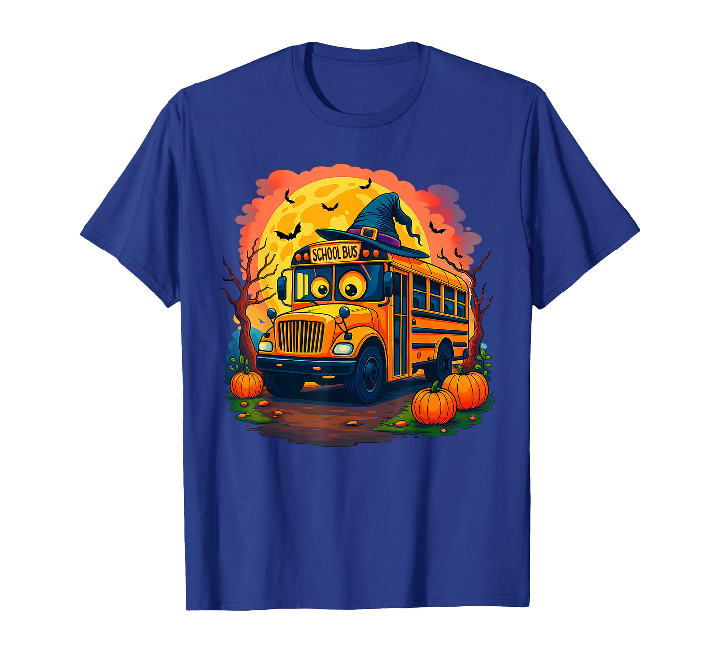 School Bus with Witch Hat Pumpkins & Moon Halloween Day Boys T-Shirt