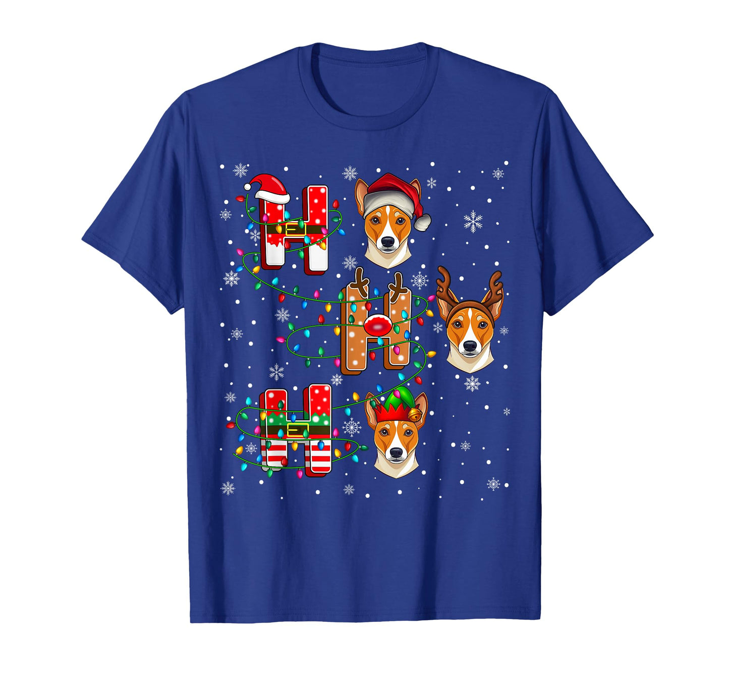 Ho Ho Ho Santa Reindeer Hat Elf Matching Basenji Dog Xmas T-Shirt