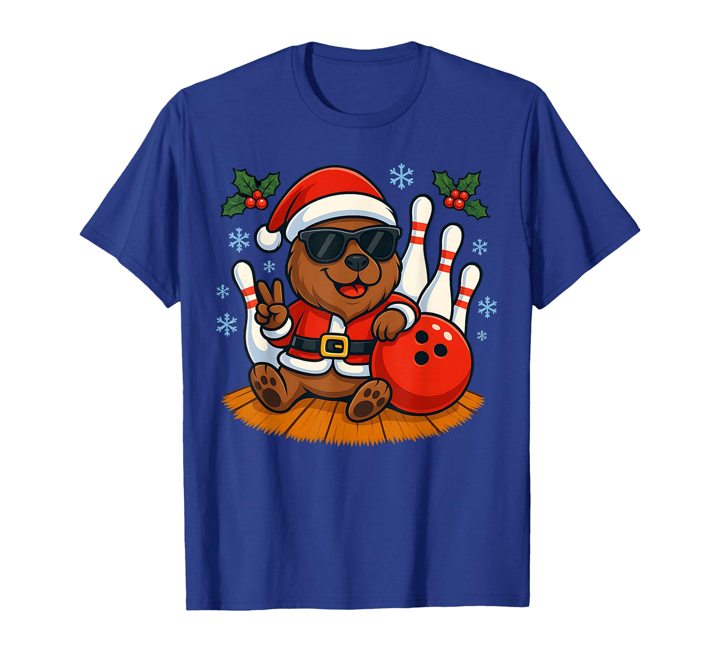 Cute Santa Capybara Bowling Christmas Funny Holiday Vibes T-Shirt
