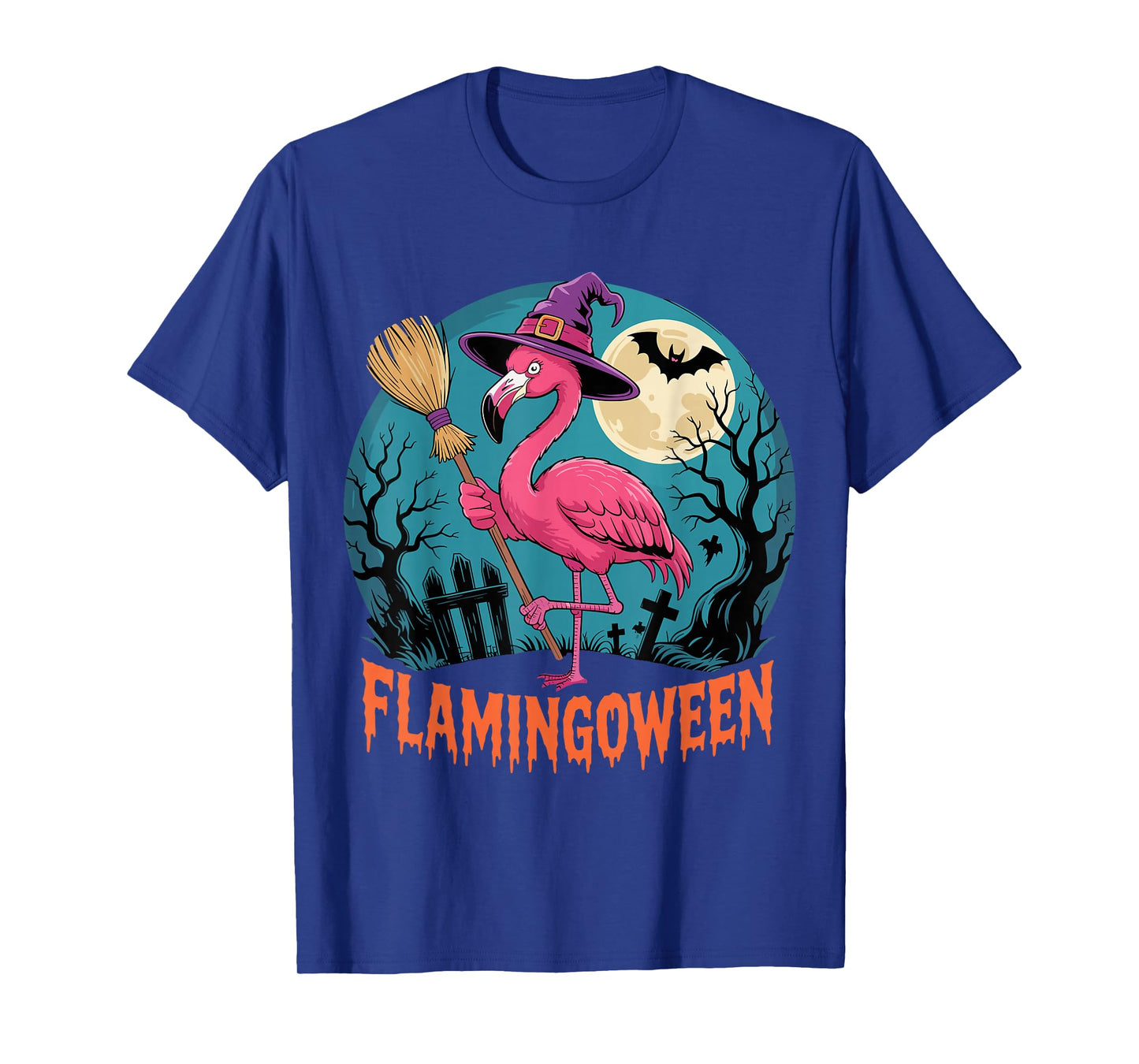 Pink Flamingo Witch Under Spooky Halloween Moon T-Shirt