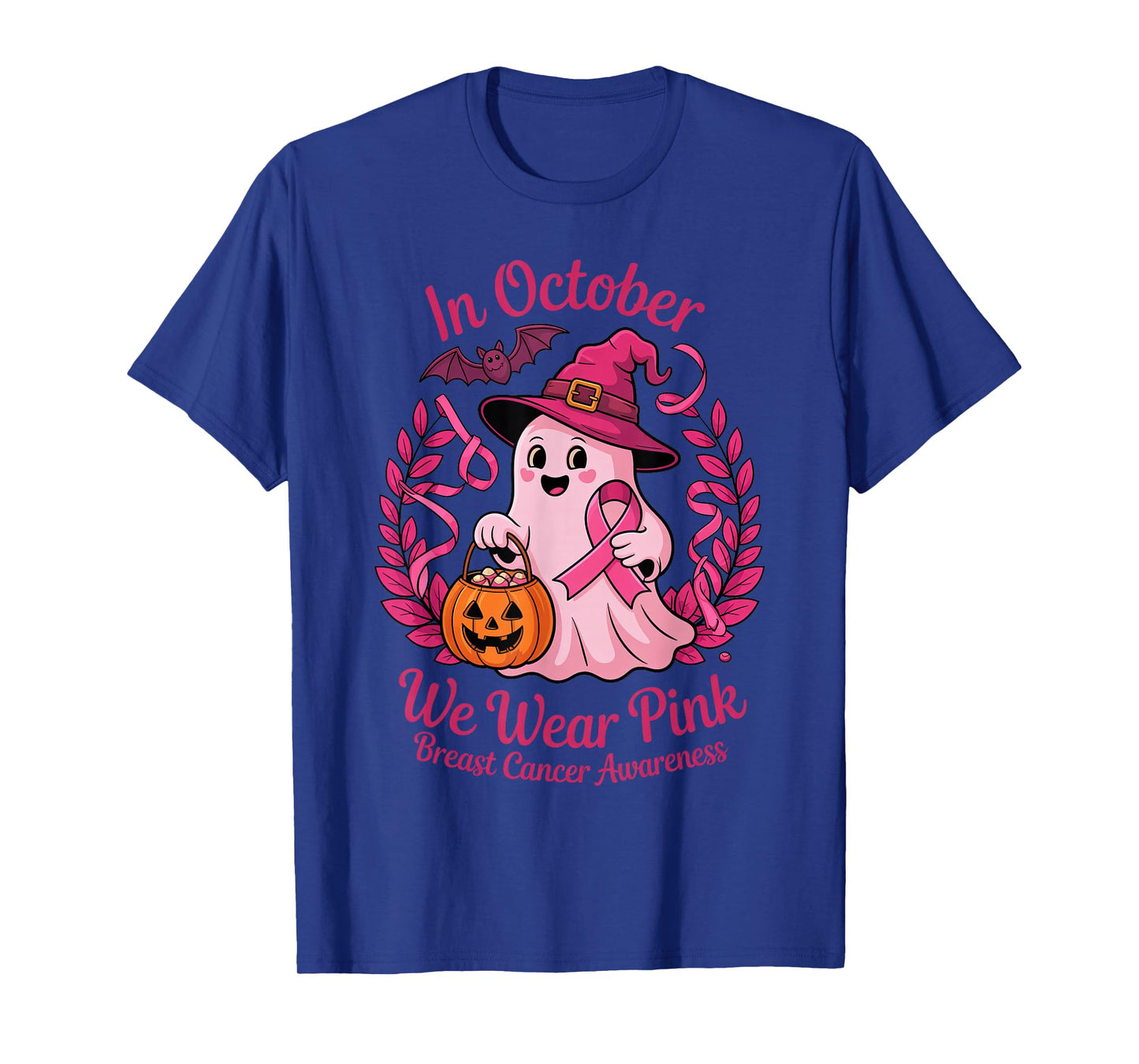 in October We Wear Pink Breast Cancer Ghost Witch Awareness T-Shirt