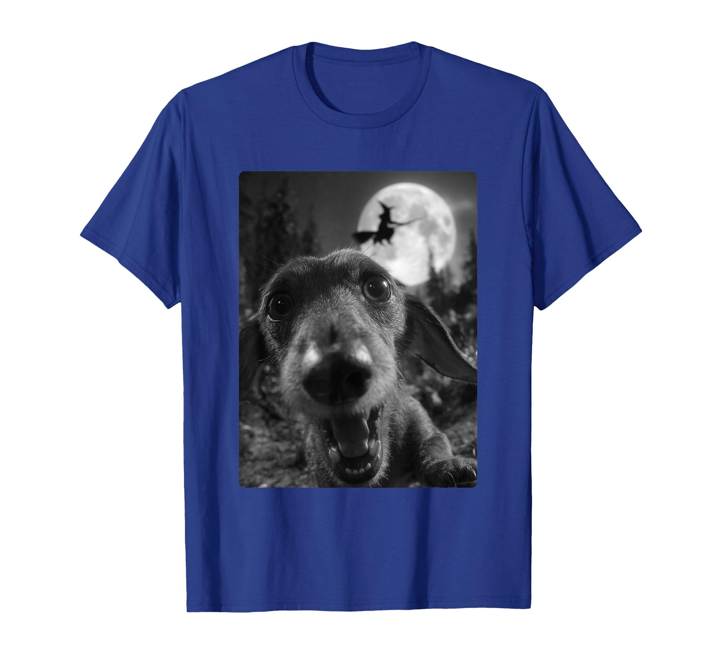 Funny Dachshund Selfie Full Moon Flying Witch Halloween Dog T-Shirt