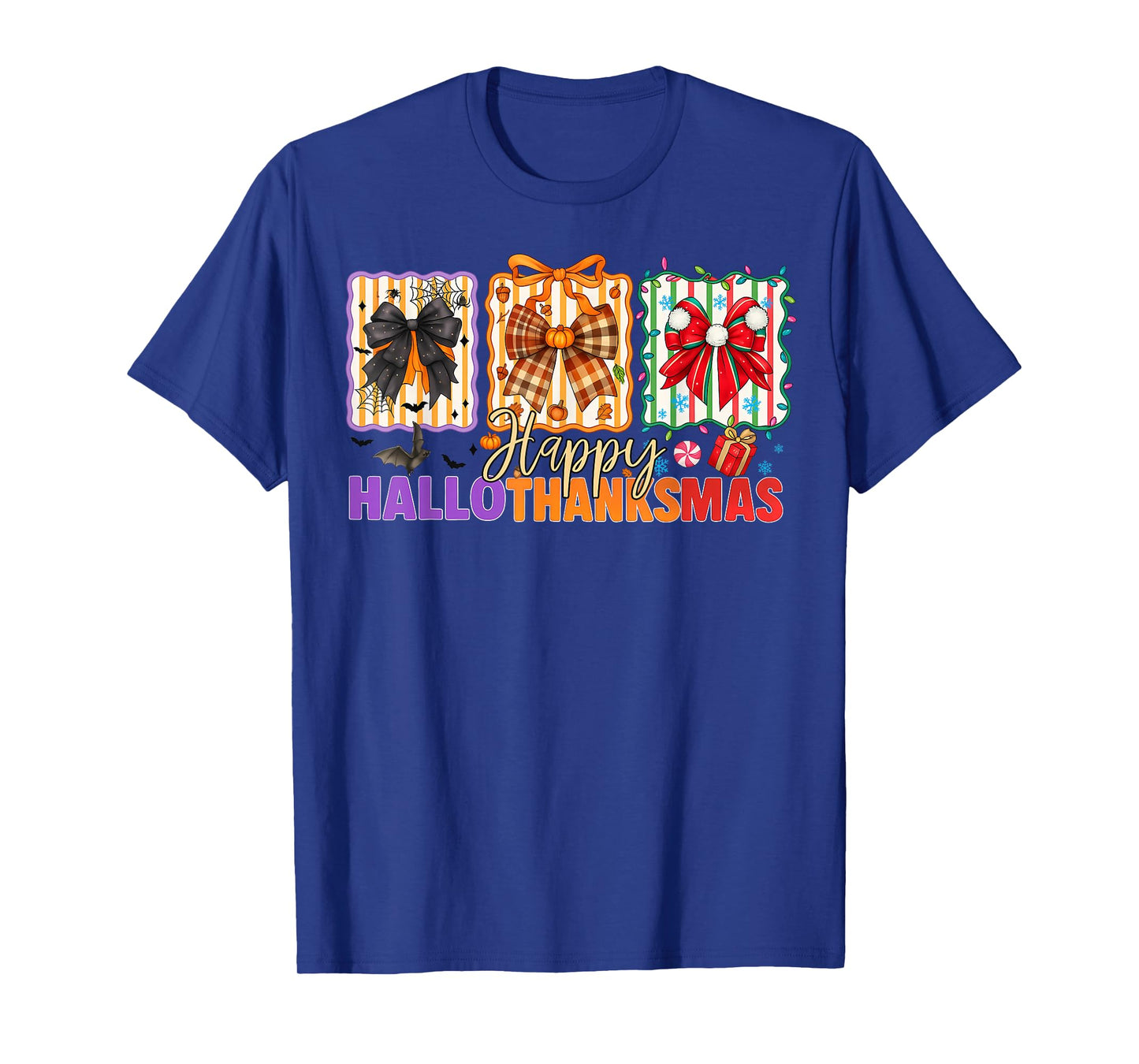 Bows Halloween Thanksgiving Christmas Happy HalloThanksMas T-Shirt