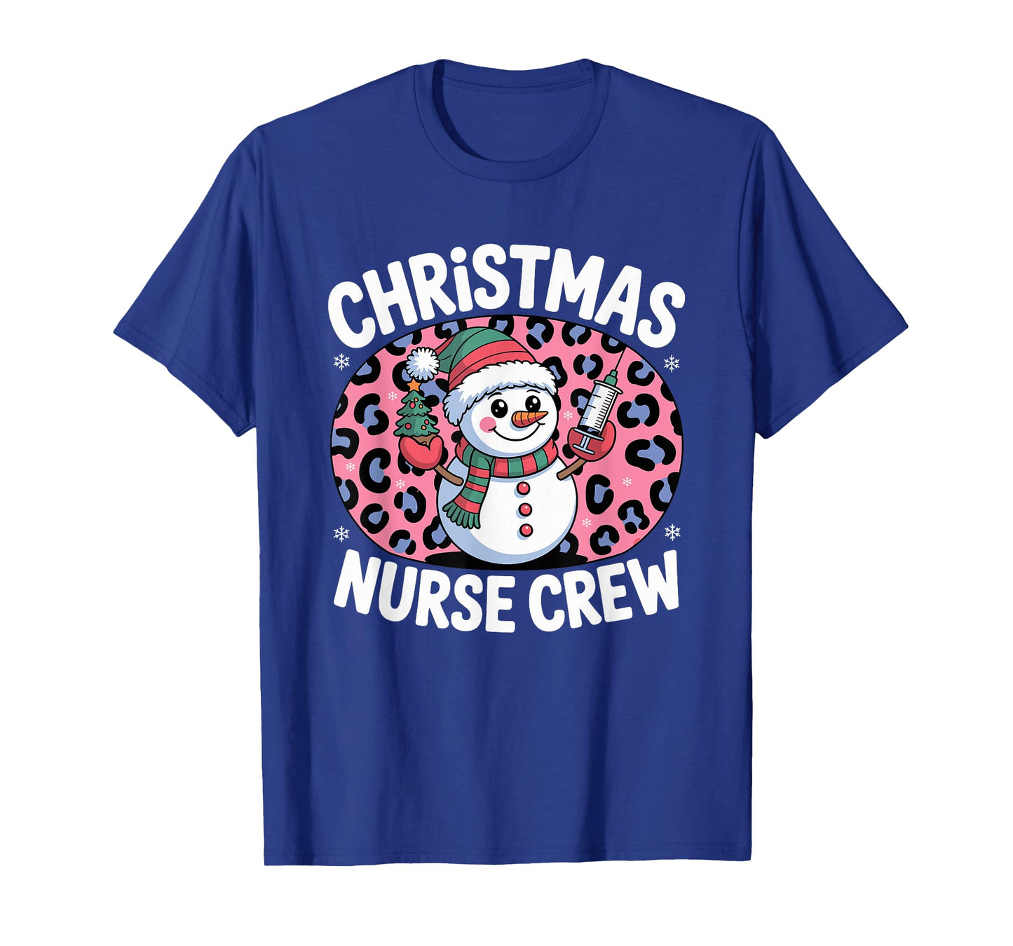 Nurse Christmas Crew Snowman Pink Leopard Print T-Shirt