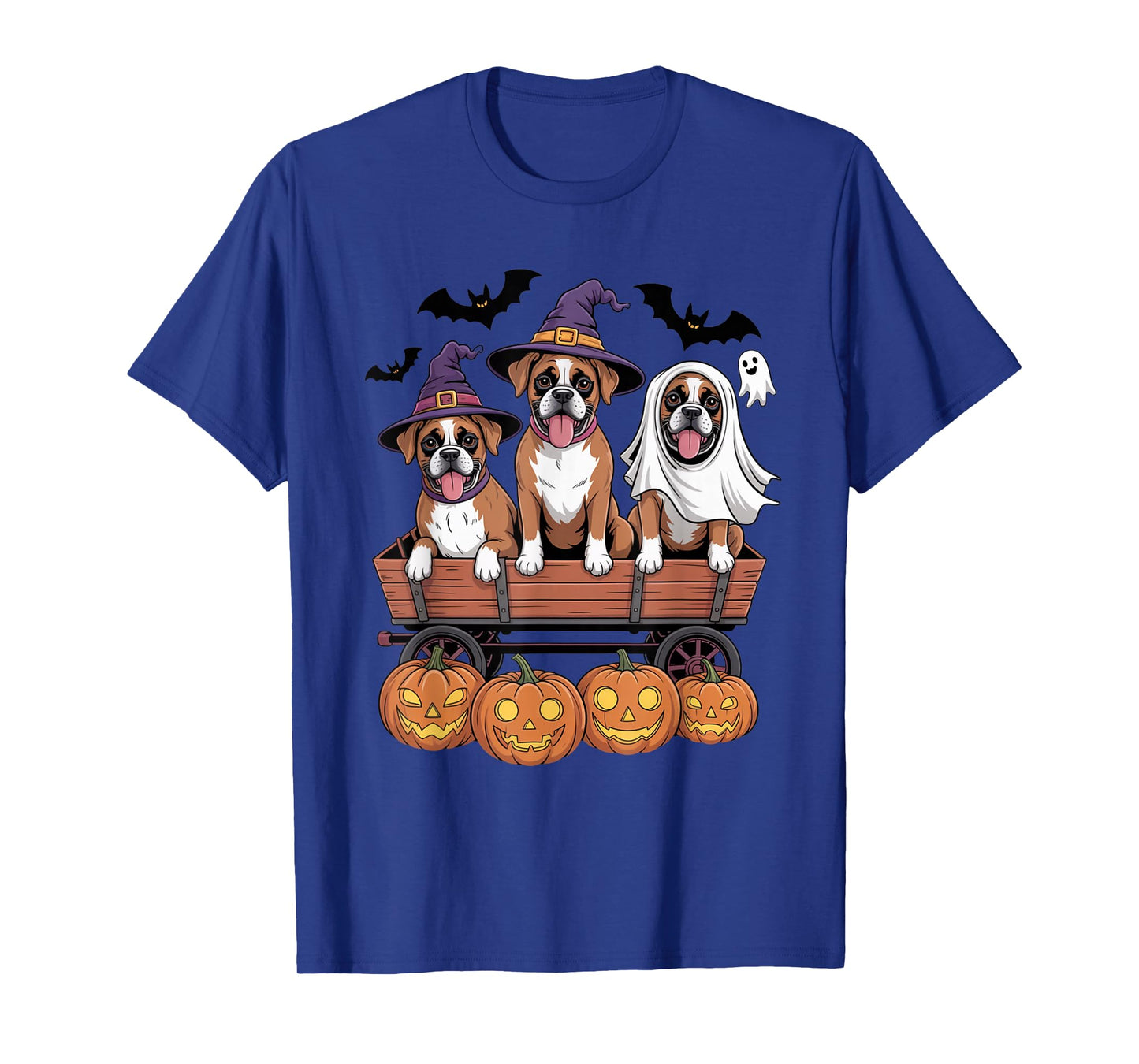 Boxer Halloween Wagon with Witch Hats Ghost Pumpkins Funny T-Shirt