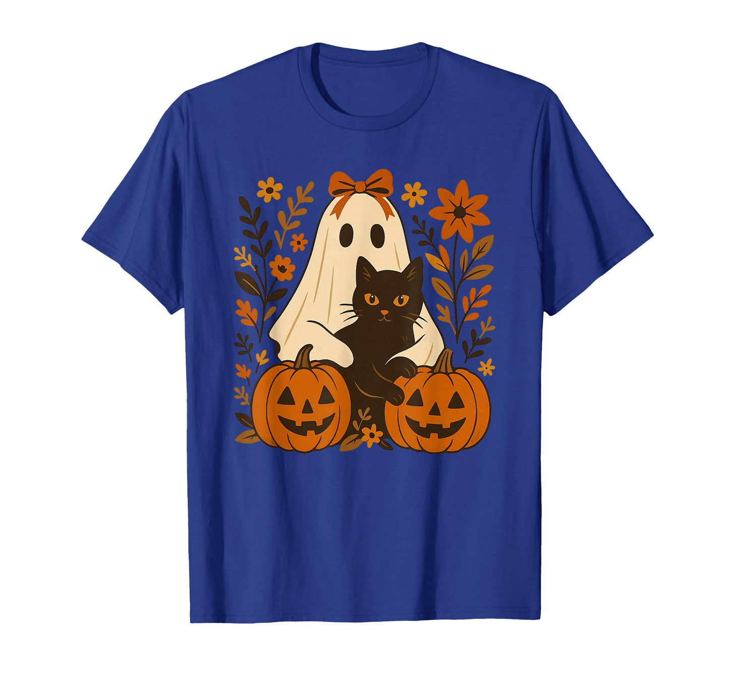 Vintage Halloween Ghost Holding Black Cat Groovy Floral T-Shirt